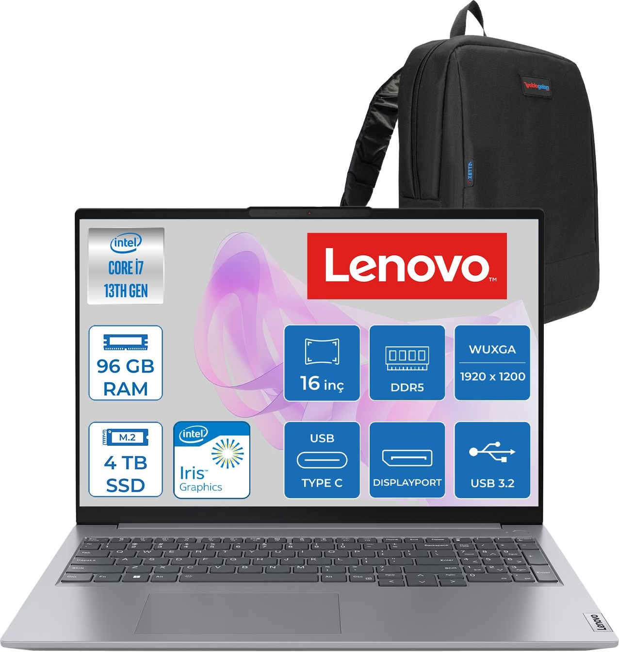 LENOVO ThinkBook 16 G6 DDR5 WUXGA IPS T21KH00WATRF61 Intel® Core™ i7-13700H 96 GB RAM 4 TB SSD 16 inç FreeDOS Laptop+Çanta Gri