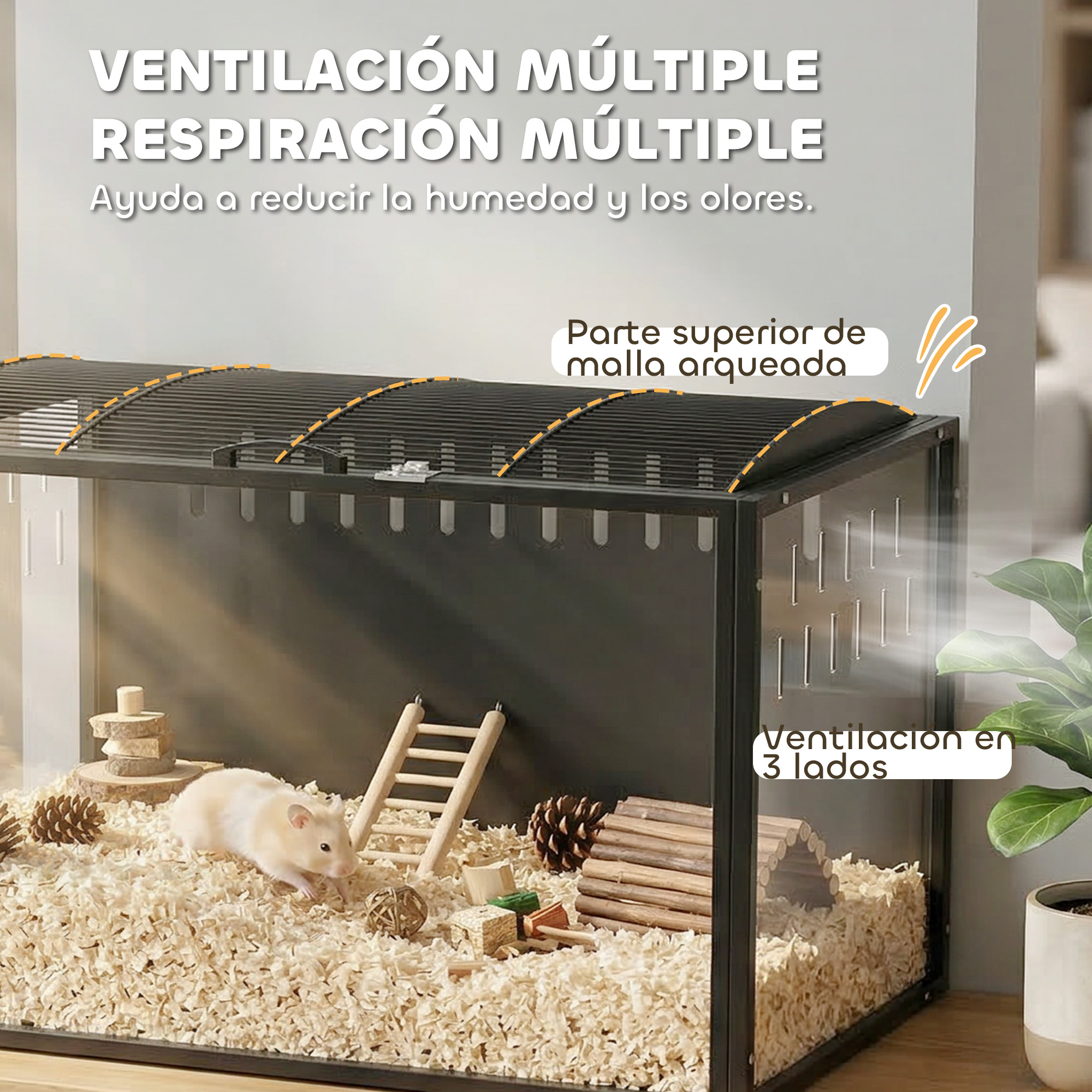 Un hámster en una jaula con juguetes de madera y lecho. Techo de malla con ventilación.