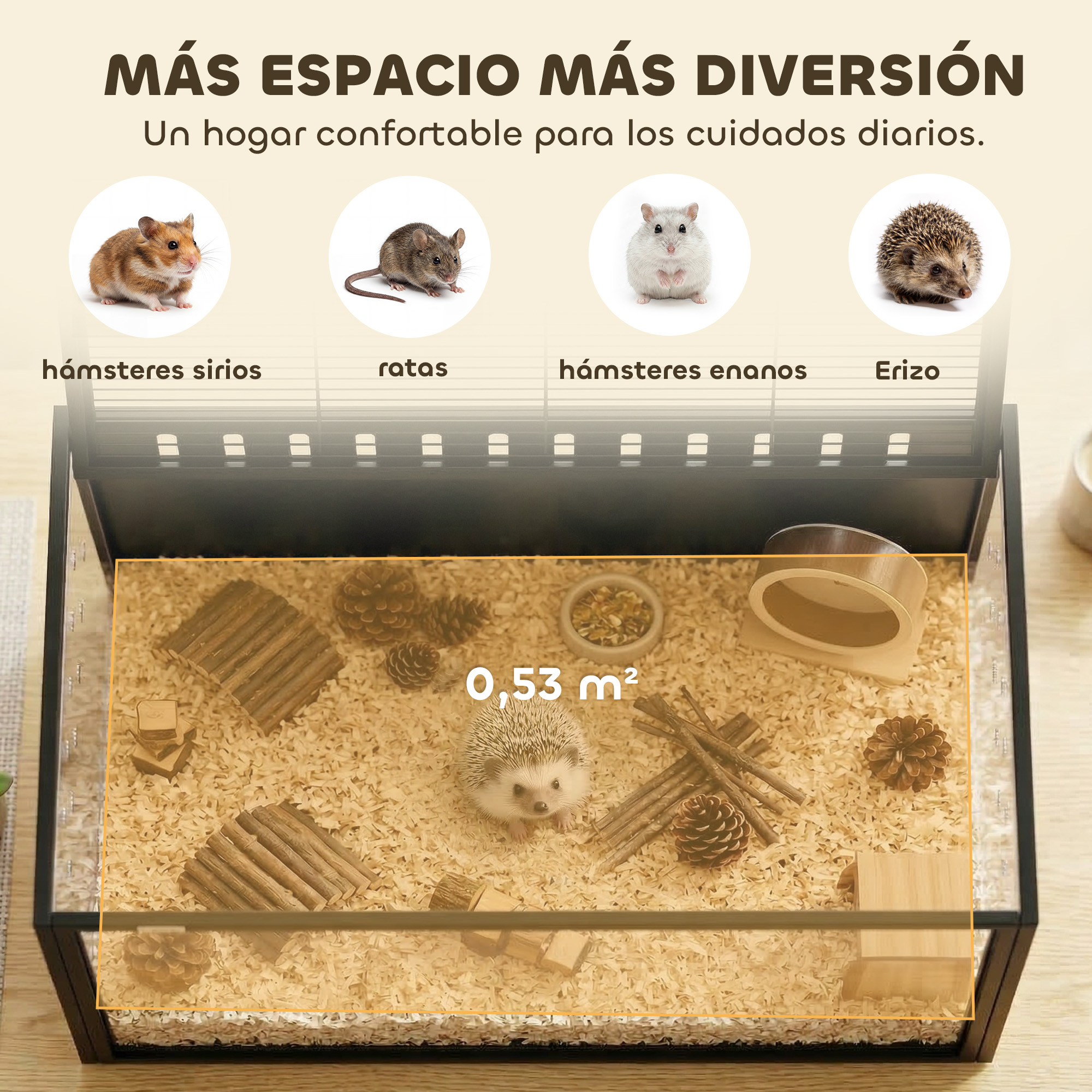 Un recinto para hámsteres con un erizo, piñas y juguetes de madera.