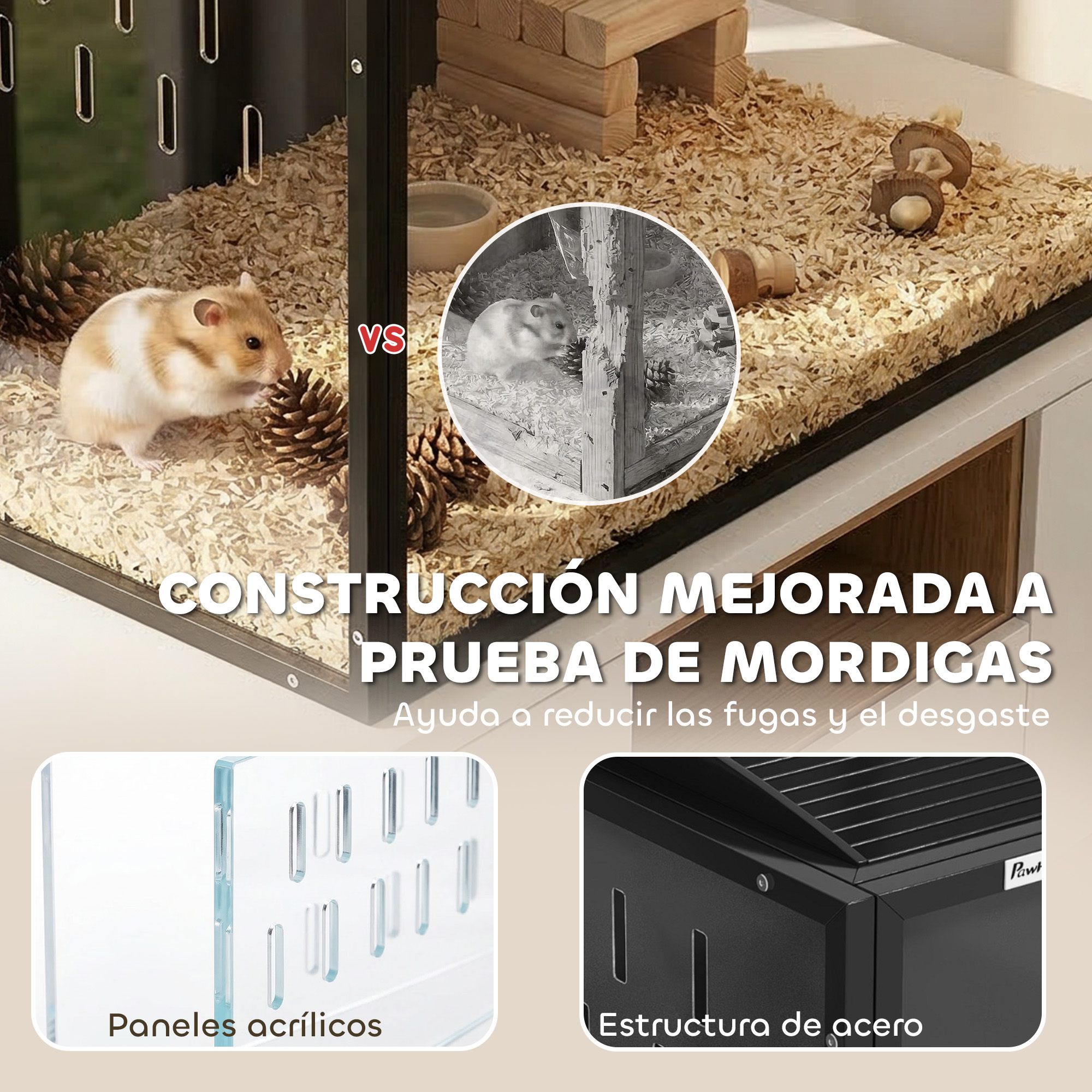 Un hámster en una jaula con virutas de madera y piñas. Texto: Construcción mejorada a prueba de mordidas.
