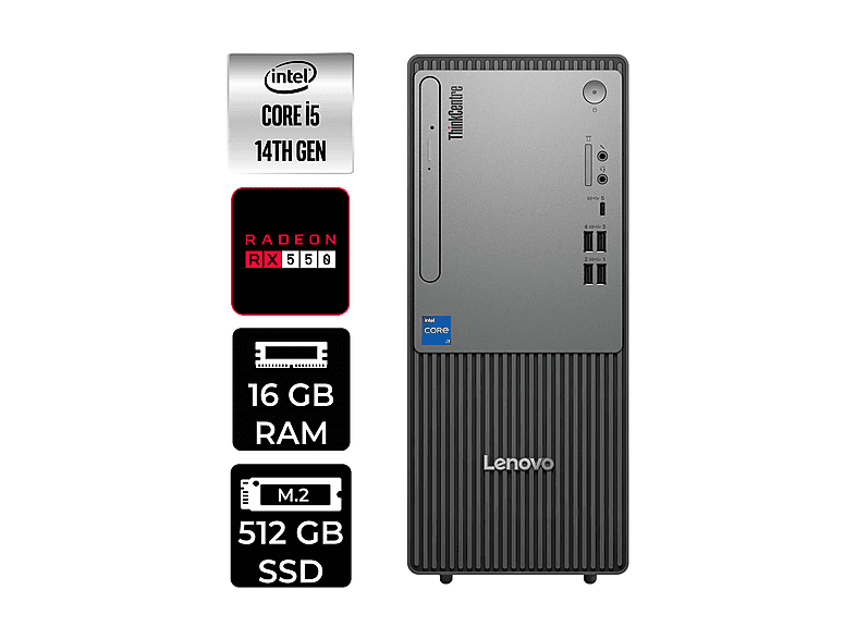 LENOVO ThinkCentre Neo 50T RX550/4GB 12UAS1CF00P361 PER4 Bellek Intel® Core™ i5-14400 16 GB RAM 512 GB SSD FreeDOS Masaüstü Bilgisayar