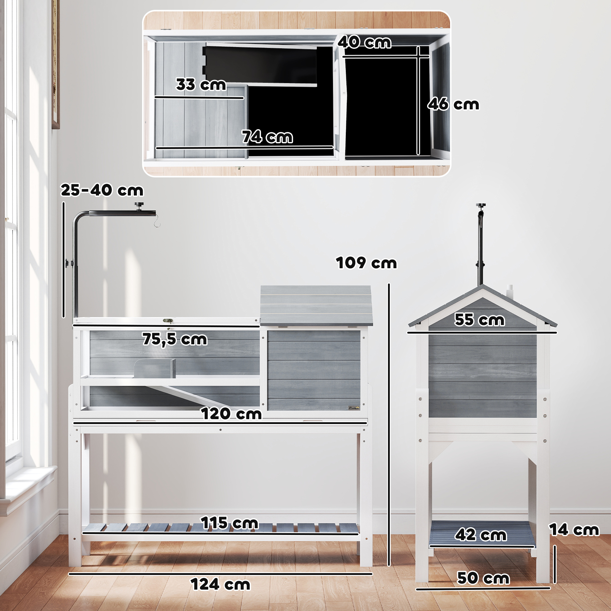 Dos casas de madera grises y blancas para animales con dimensiones.