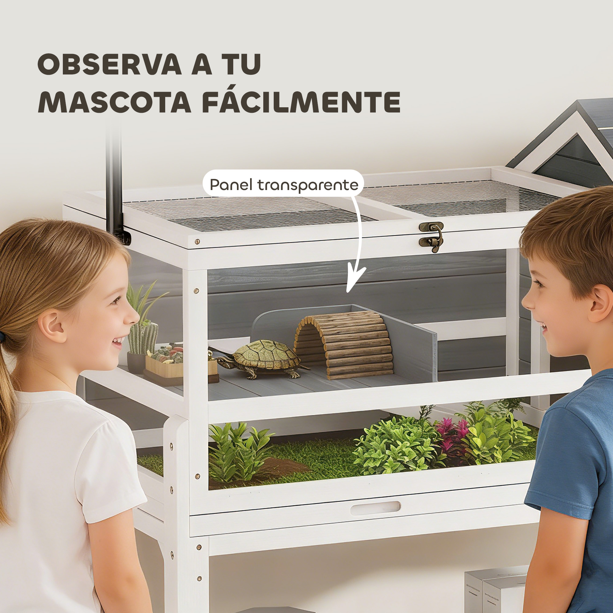 Niños observan una tortuga en un terrario blanco con puente de madera y plantas.