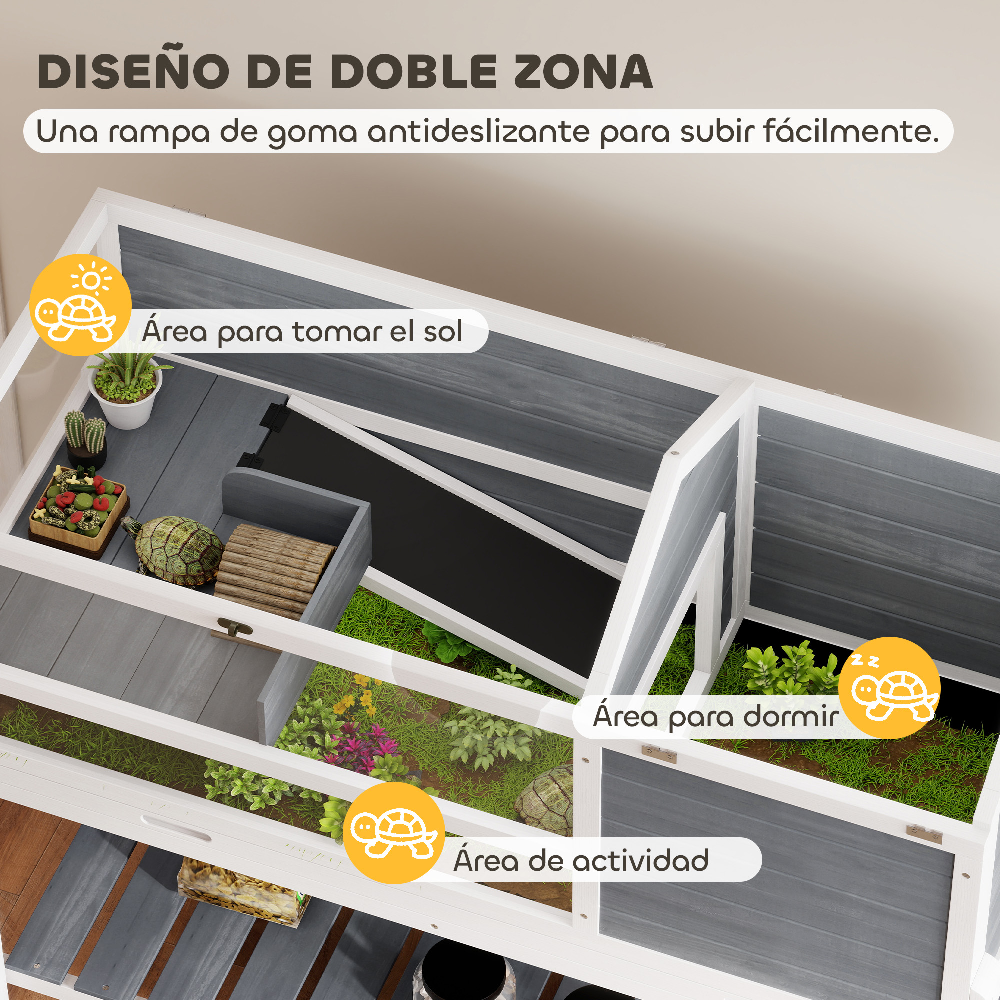 Un recinto para tortugas con áreas para tomar el sol, dormir y actividad.