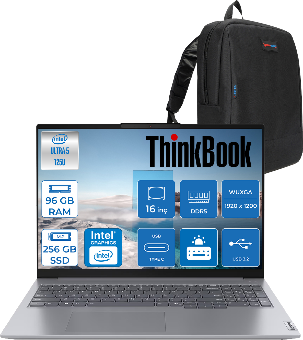 Özelliklere sahip gri bir Lenovo ThinkBook dizüstü bilgisayar ve siyah bir sırt çantası.