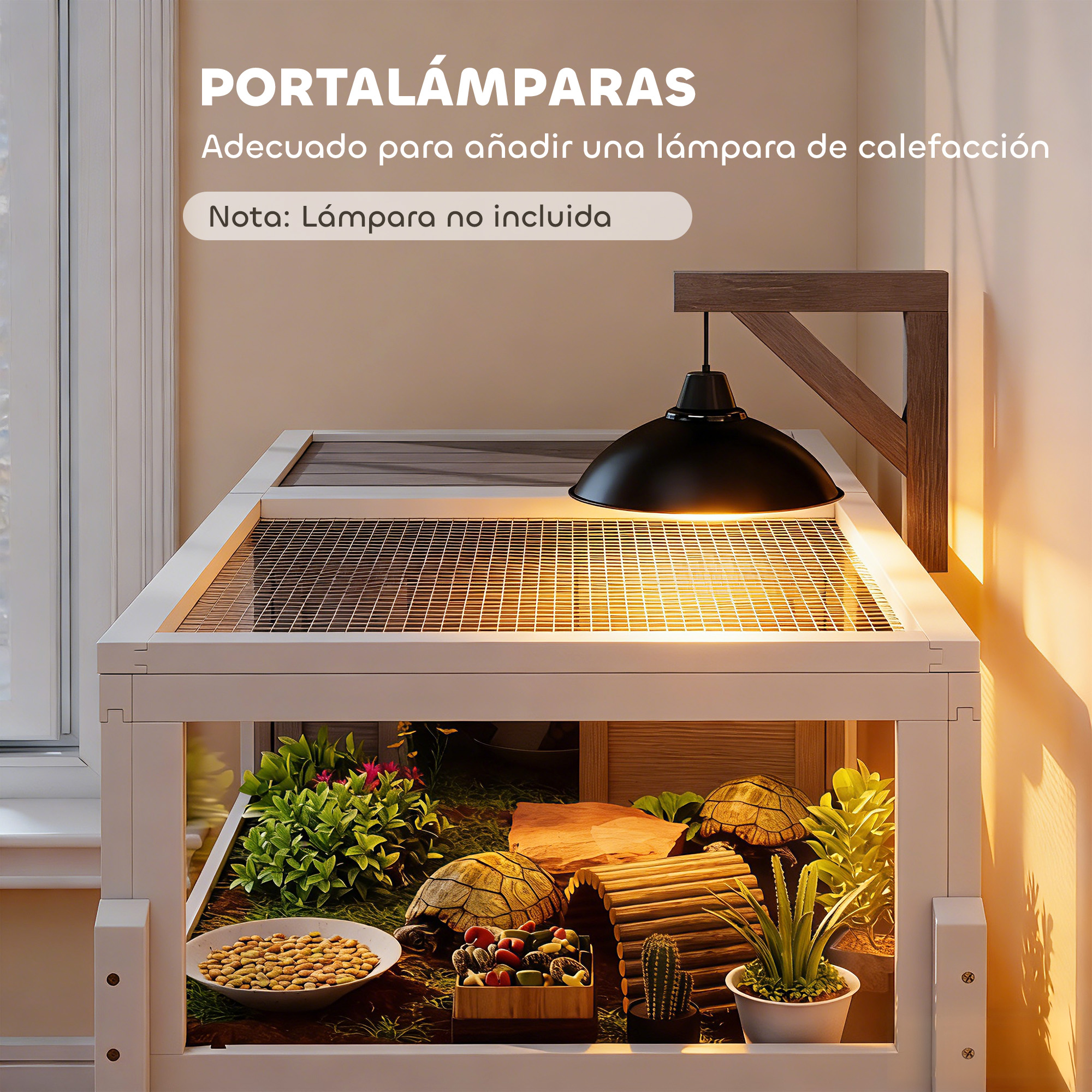 Un terrario con dos tortugas, comida, plantas y una lámpara de calor.