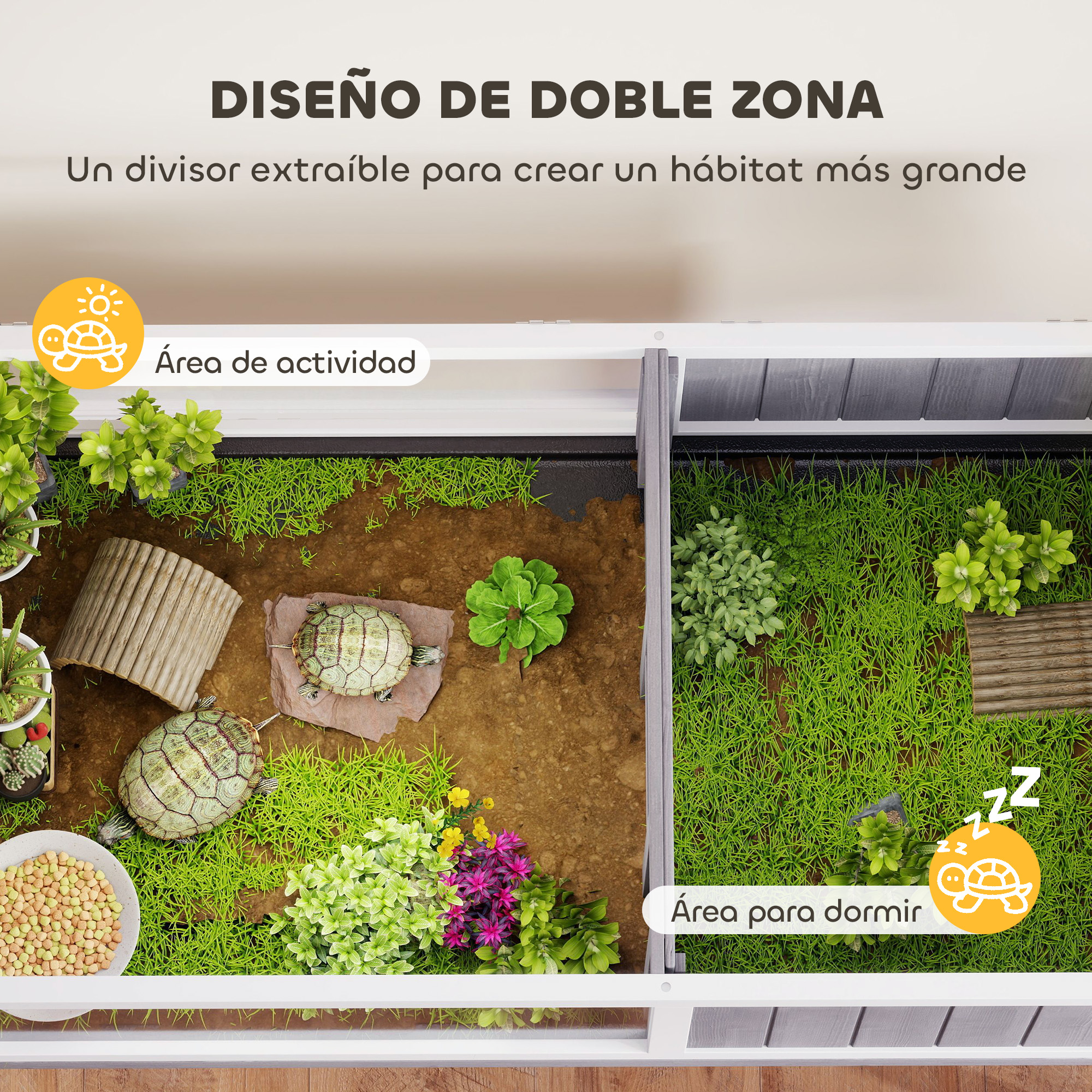 Dos tortugas en un terrario con césped, tierra, plantas y comida.