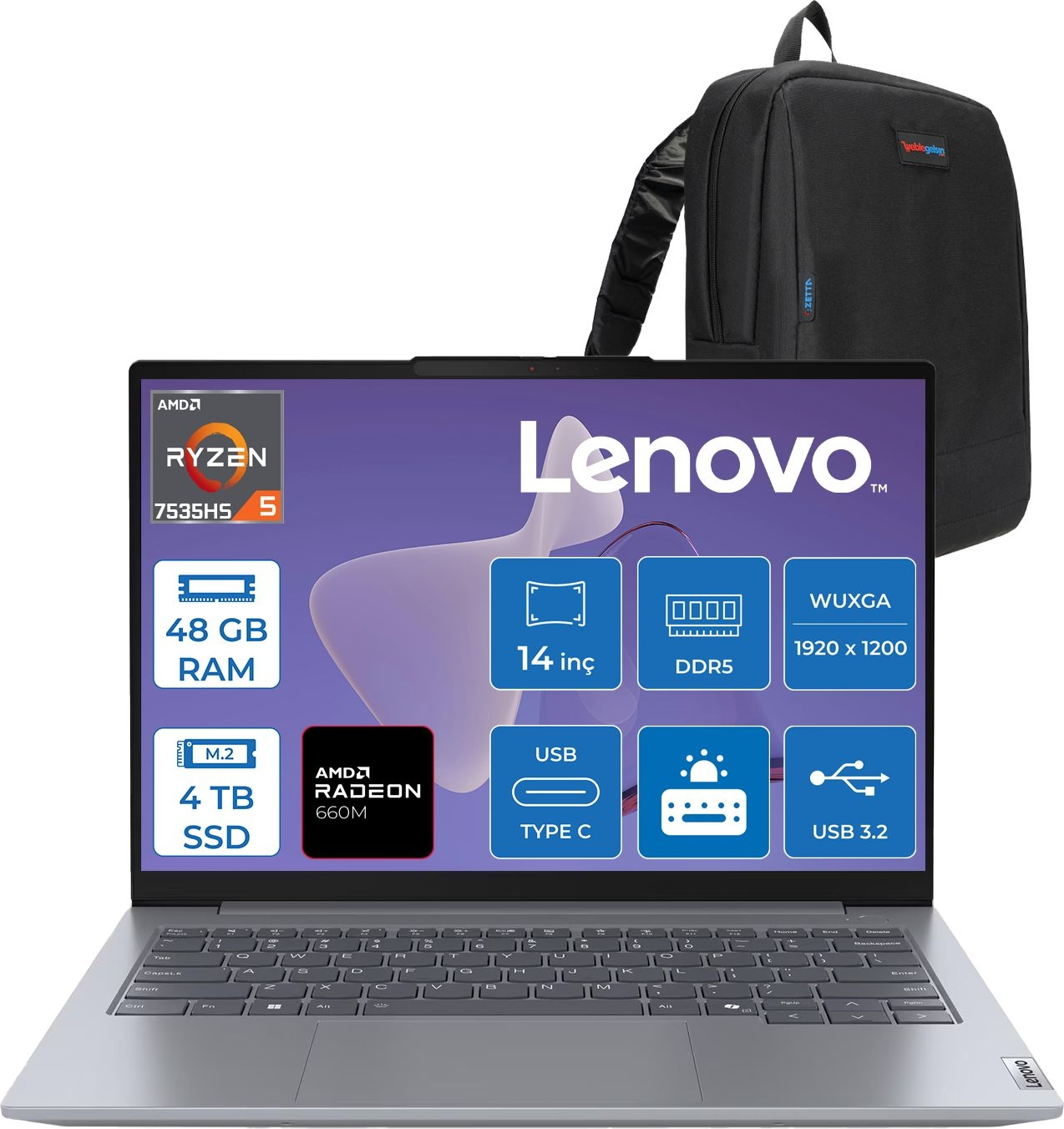 LENOVO ThinkBook 14 G7 WUXGA IPS 21MV001ATRF20 AMD Ryzen™ 5 7535HS 48 GB RAM 4 TB SSD 14 inç FreeDOS Laptop+Çanta Gri