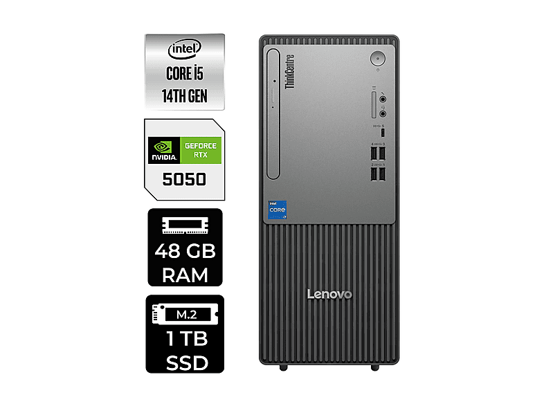 LENOVO ThinkCentre Neo 50T RTX5050/8GB 12UAS1CF00P550 PER4 Bellek Intel® Core™ i5-14400 48 GB RAM 1 TB SSD FreeDOS Masaüstü Bilgisayar