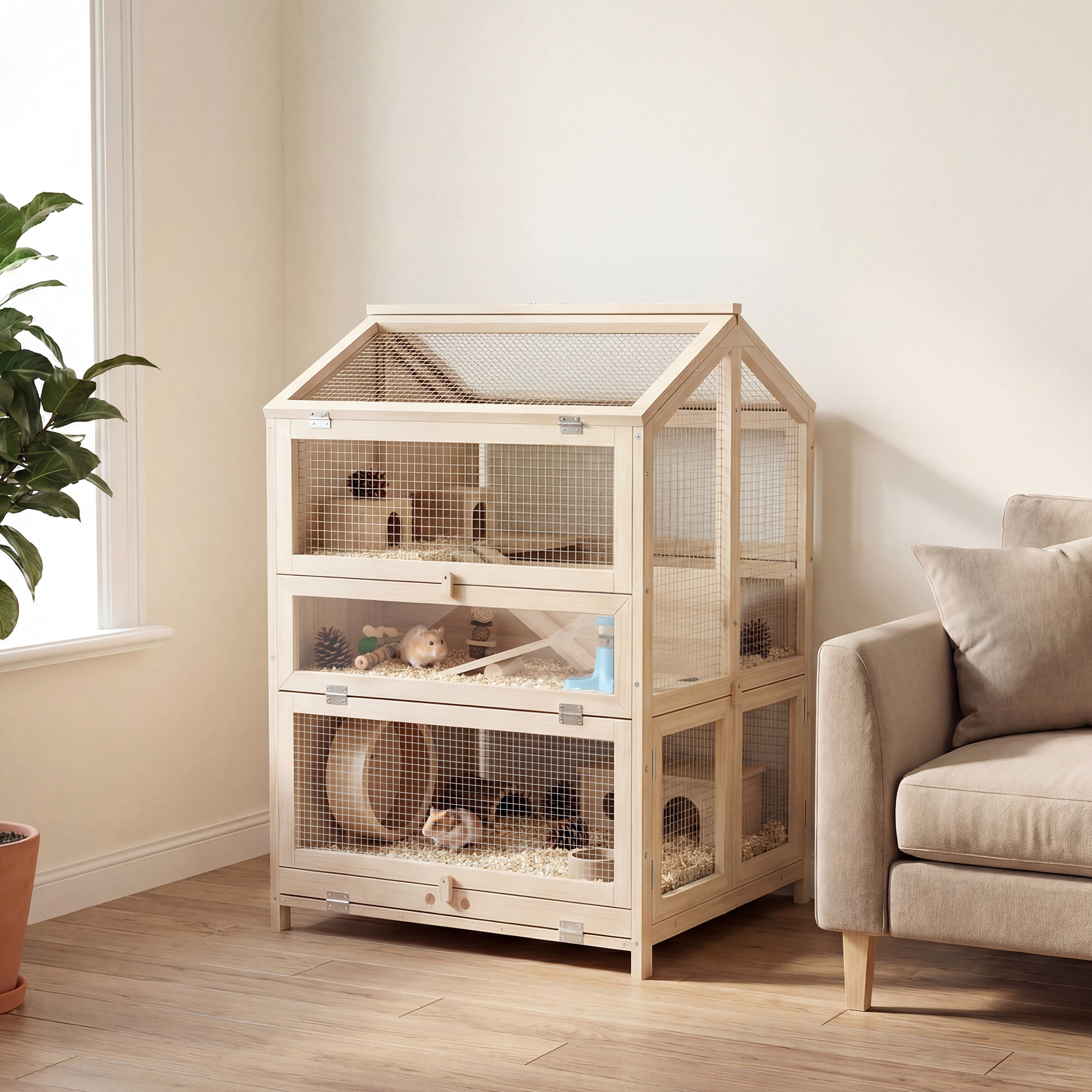 Una jaula de madera y alambre de varios niveles para animales pequeños junto a un sofá.