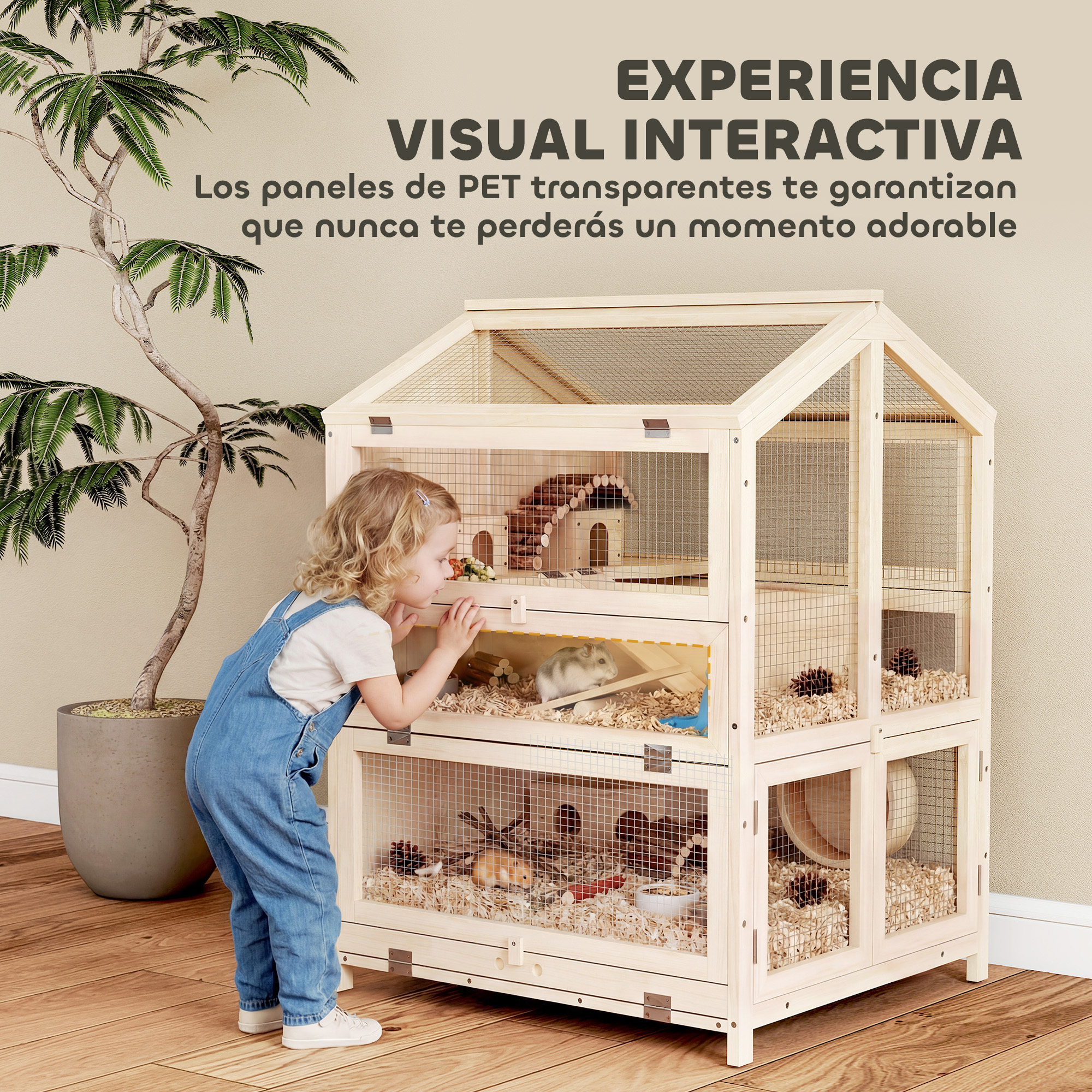 Una niña pequeña mira dentro de una jaula de madera para animales pequeños con hámsteres.