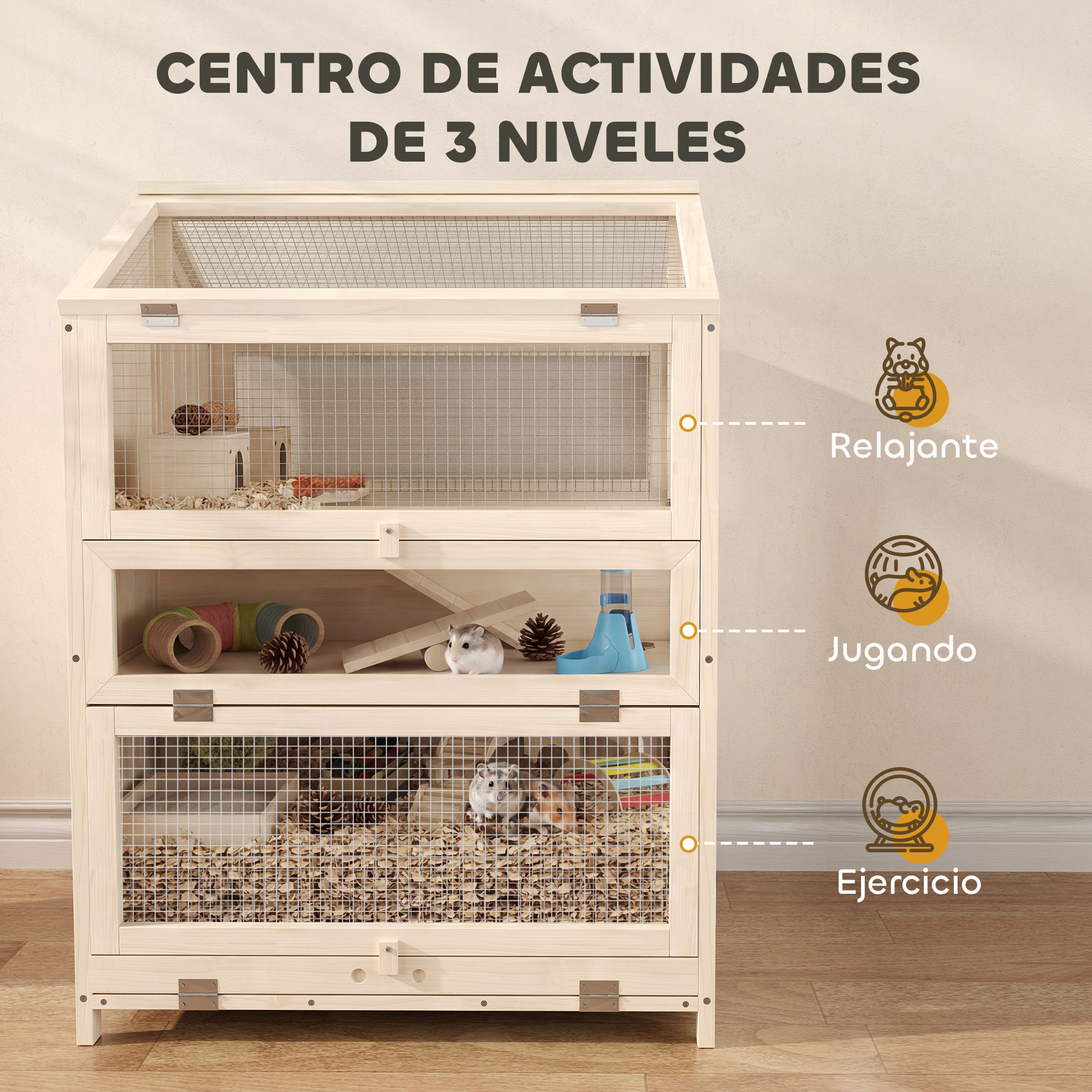 Jaula de madera para animales pequeños de tres niveles con tubos, bebederos y lecho.