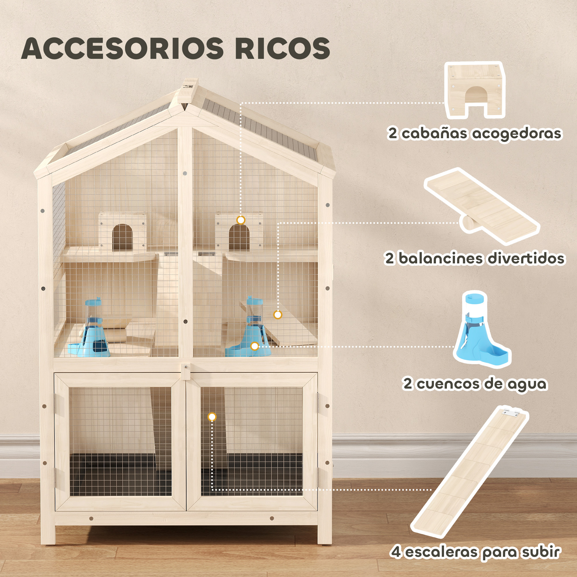 Una jaula de madera para mascotas con accesorios: casas, balancines, bebederos y rampas.