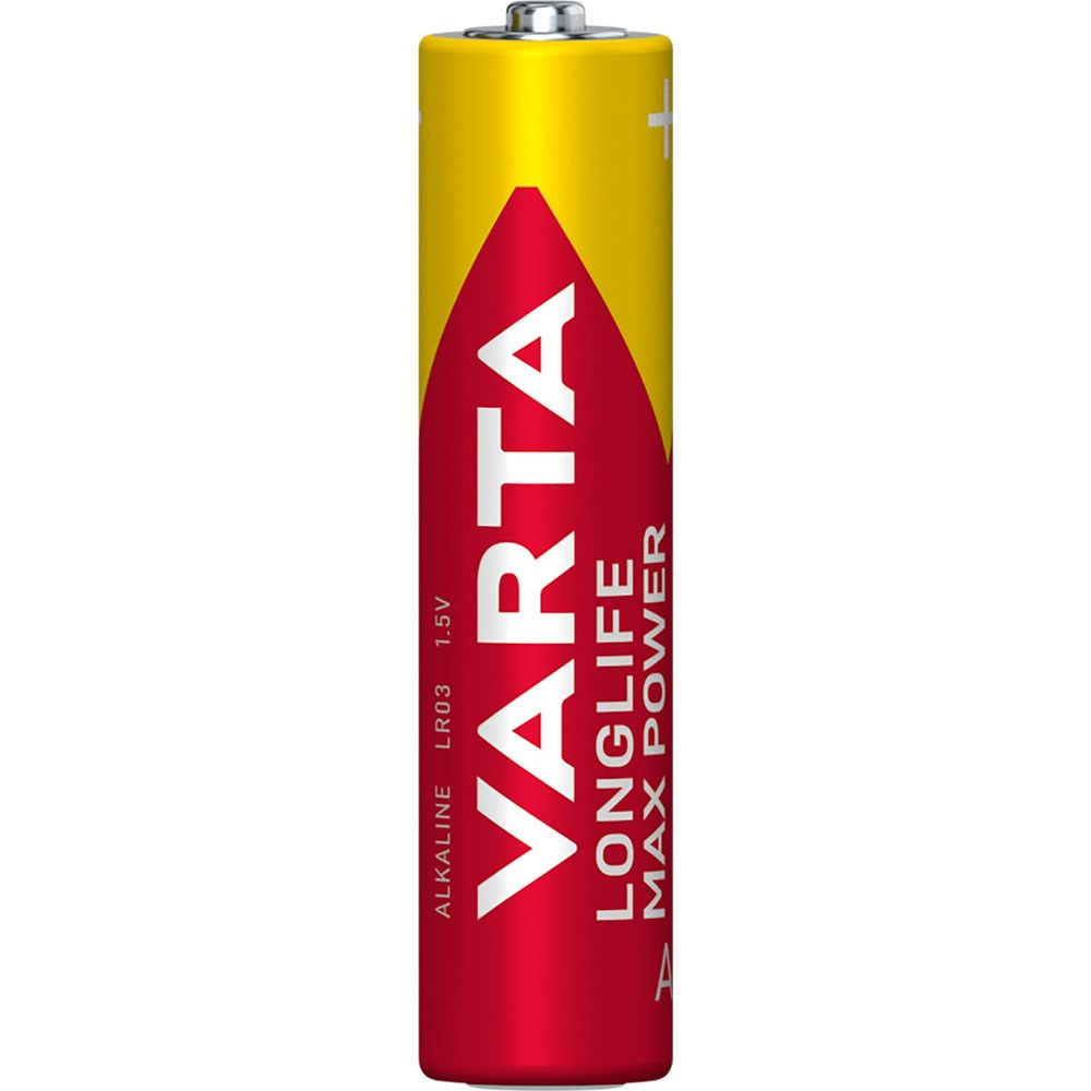 Una batteria Varta Alkaline LR03 1.5V con design rosso e giallo.