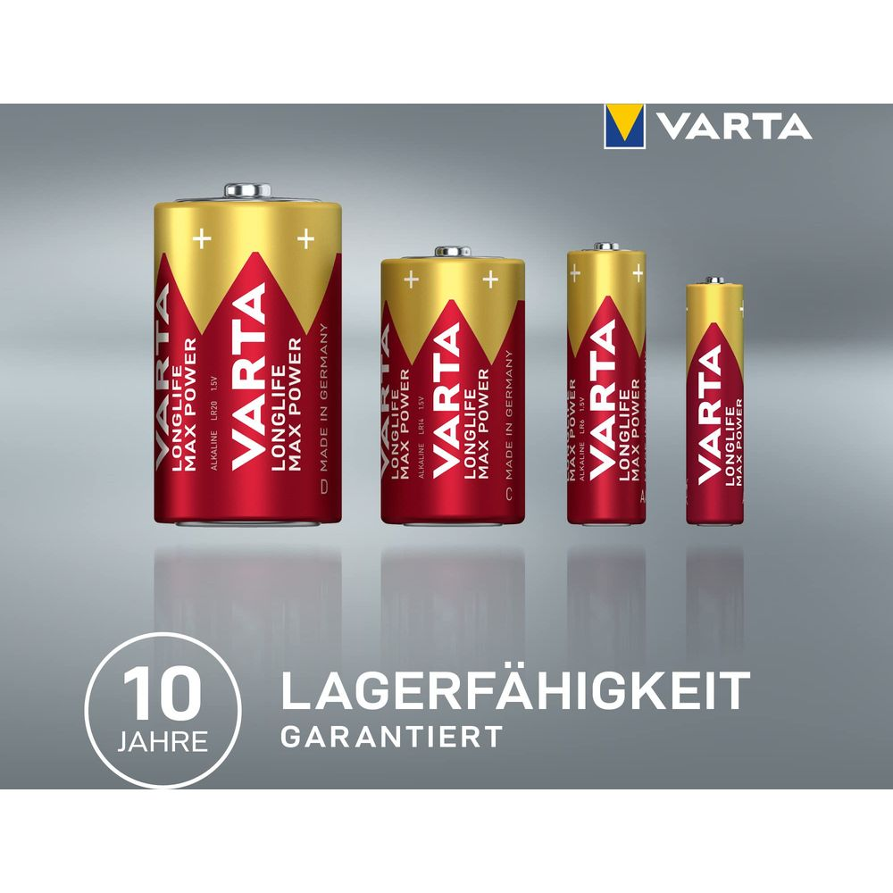 Quattro batterie Varta rosse e oro, misure LR20, LR14, LR6, LR03. 10 anni di conservazione.