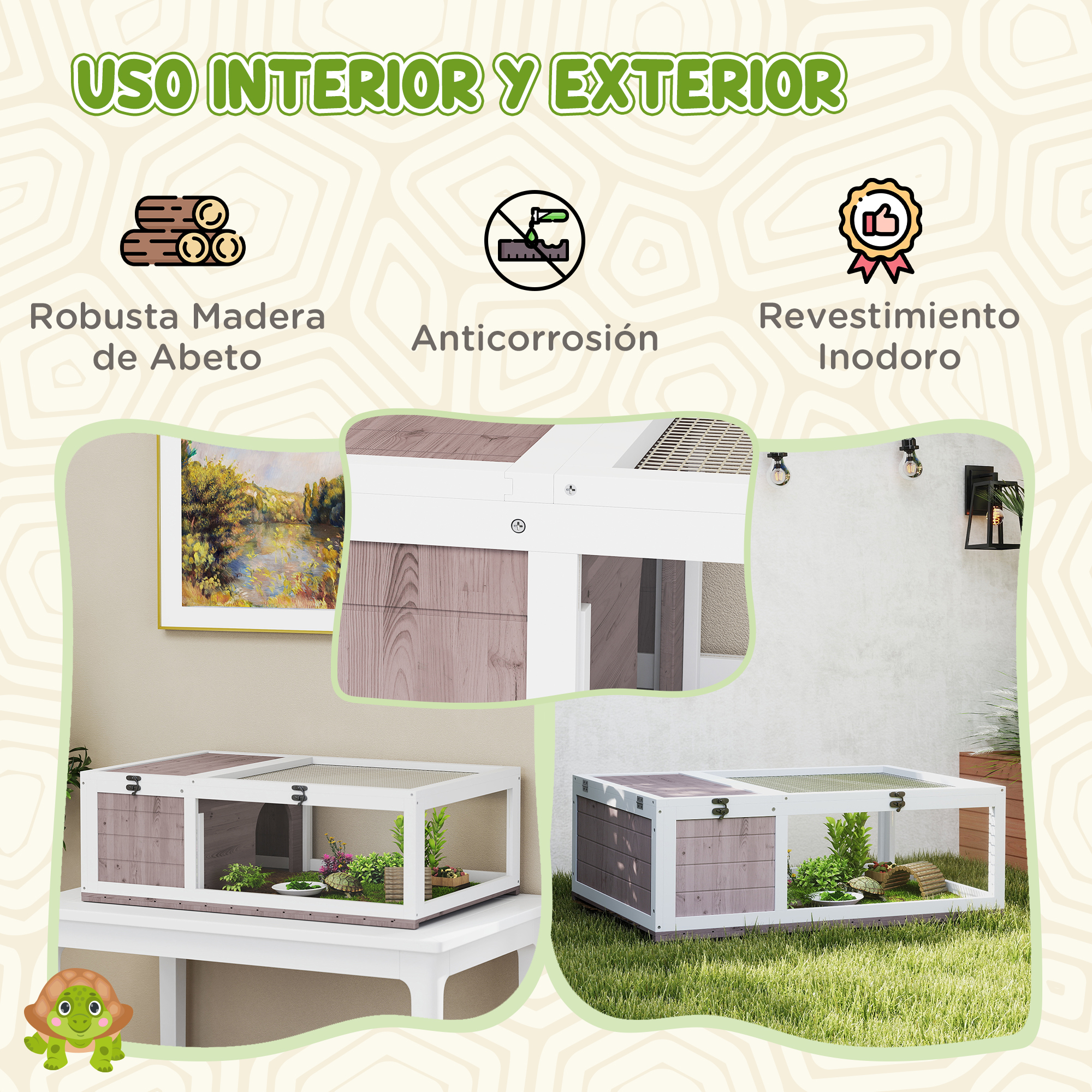 Imágenes de terrarios interiores y exteriores, con iconos de madera, anticorrosión e inodoro.