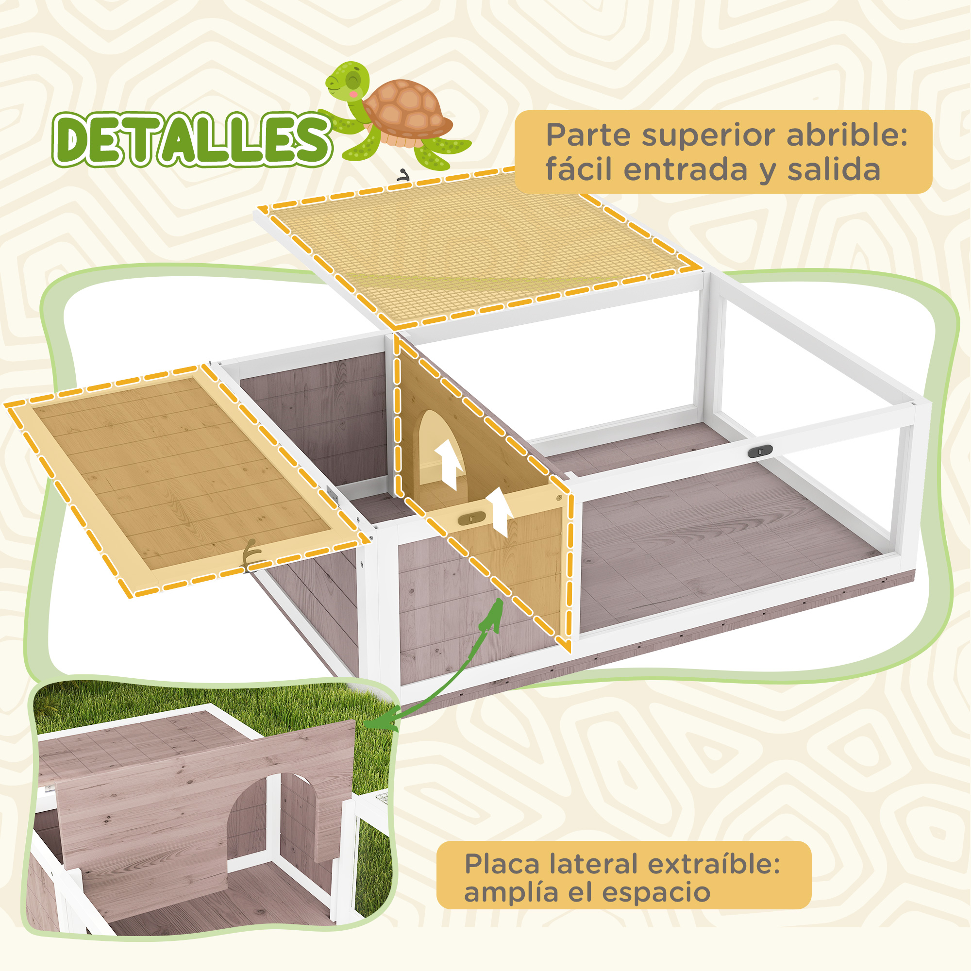Un recinto para mascotas con techo abatible y panel lateral extraíble.