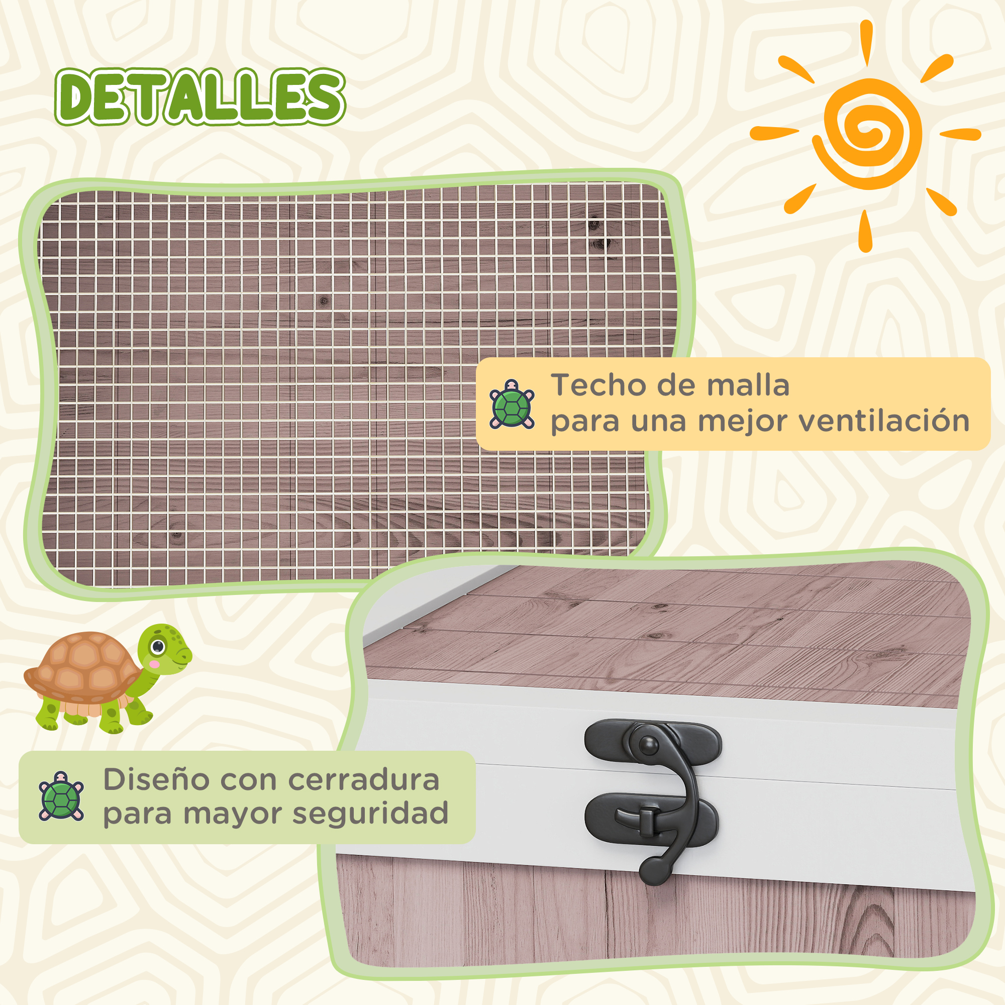 Primer plano de caja blanca con techo de malla y cierre de pestillo.