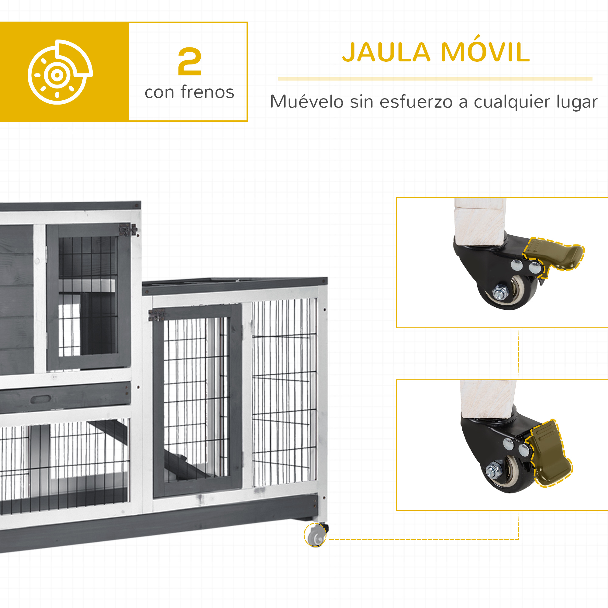 Una jaula gris y blanca para mascotas con ruedas y frenos para fácil movilidad.