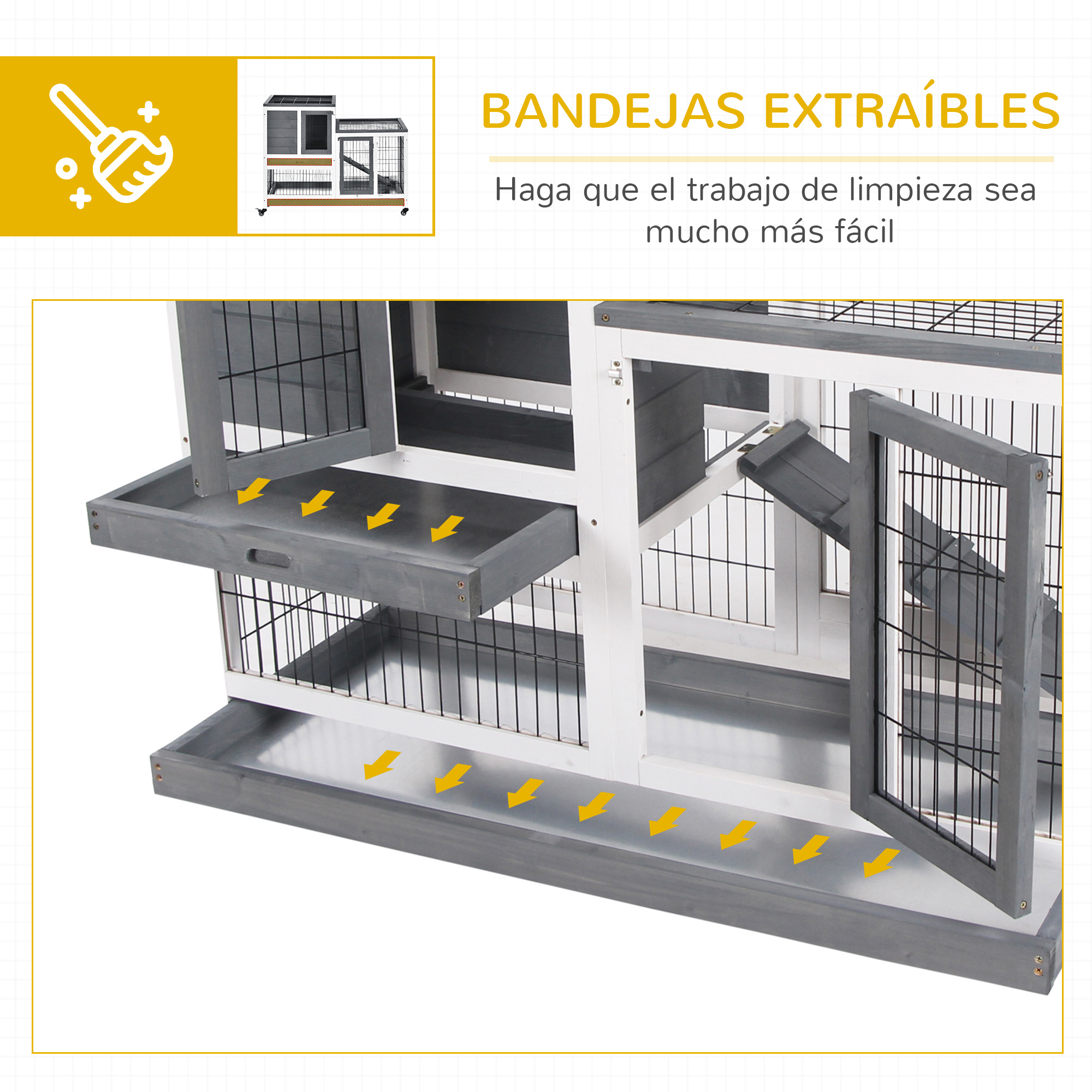 Una conejera con bandejas extraíbles y flechas amarillas que indican limpieza.