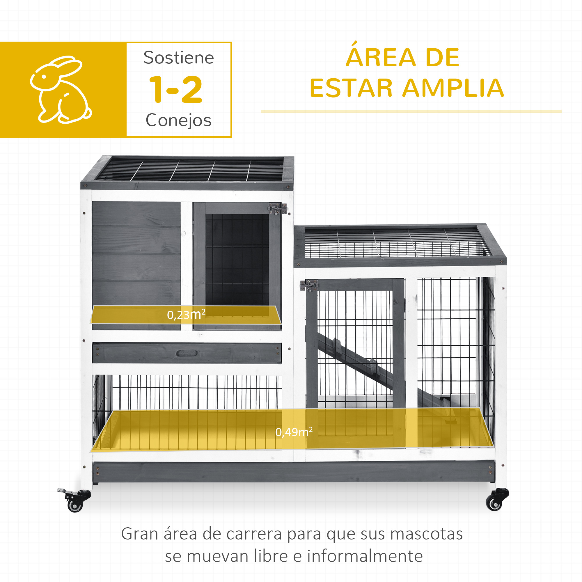 Una conejera blanca y gris de dos niveles con ruedas. Etiquetada para 1-2 conejos.