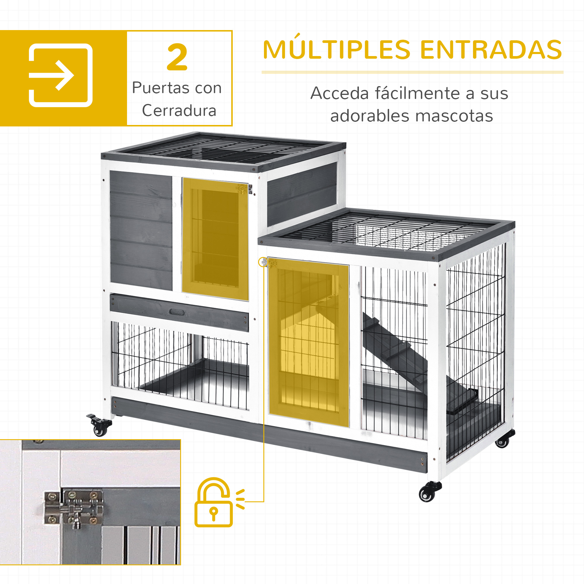 Jaula de mascotas de dos niveles con dos puertas y rampas.