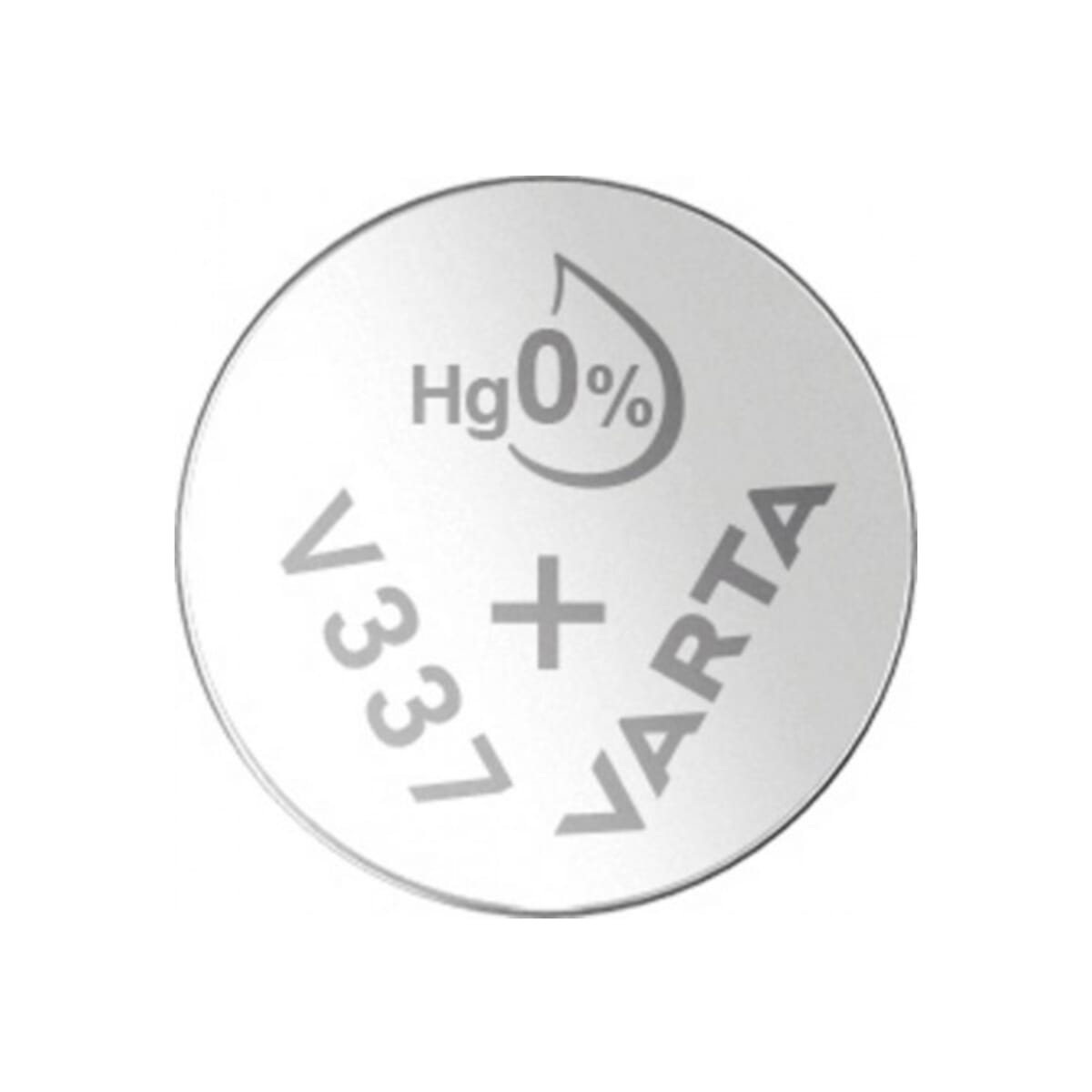 Una batteria a bottone argentata con etichetta V337, +, VARTA e Hg 0%.