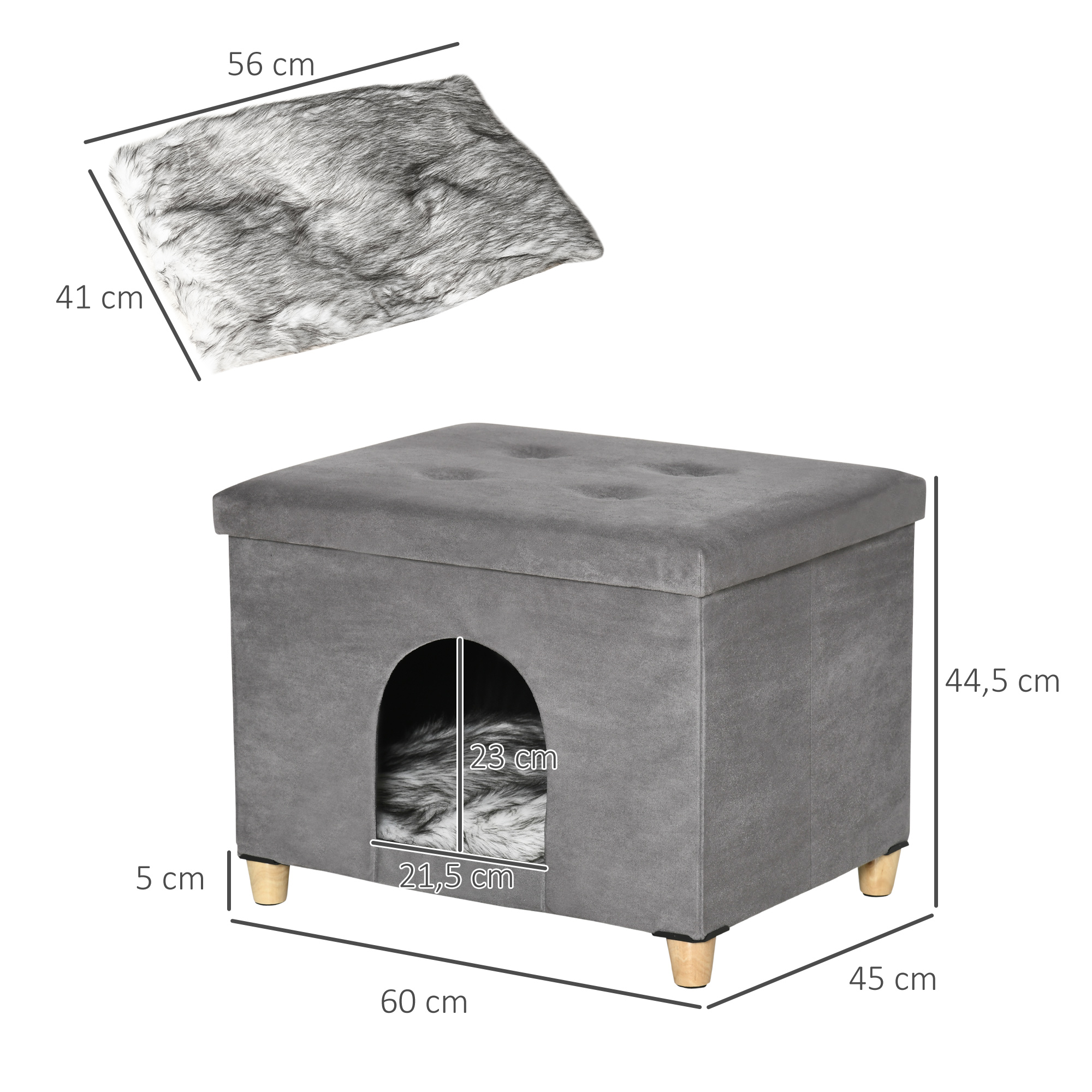 Casa gris para mascotas con entrada arqueada, tapa abombada y cuatro patas de madera. Incluye alfombrilla de pelo sintético gris.