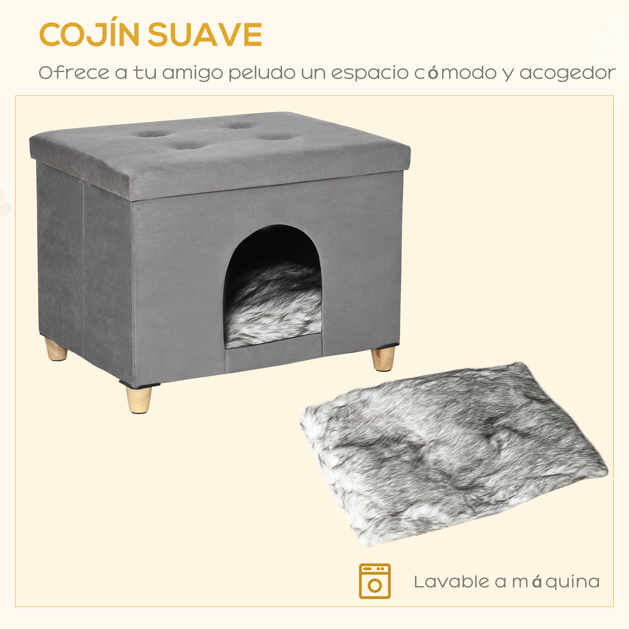 Cama gris para mascotas con abertura y cojín aparte. Icono lavadora.
