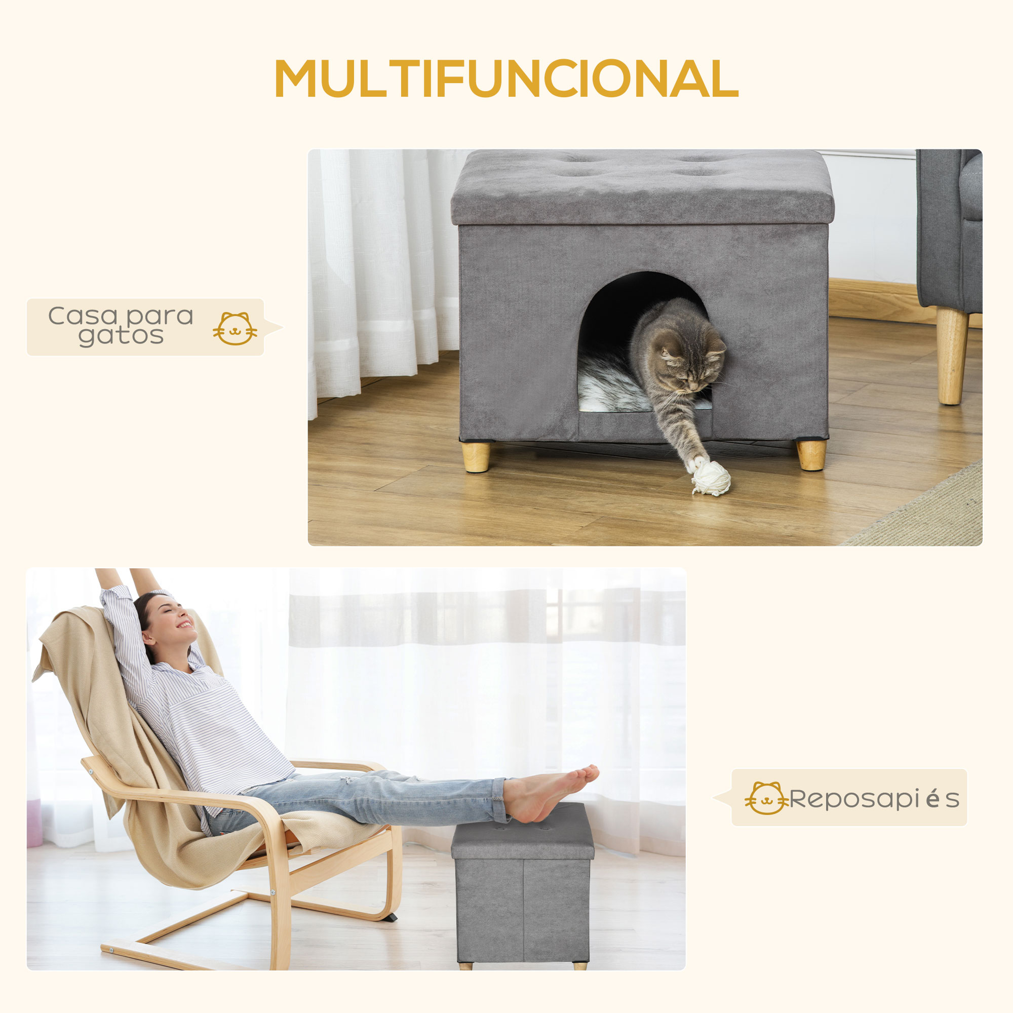 Una casa para gatos gris con un gatito y una mujer en una silla.
