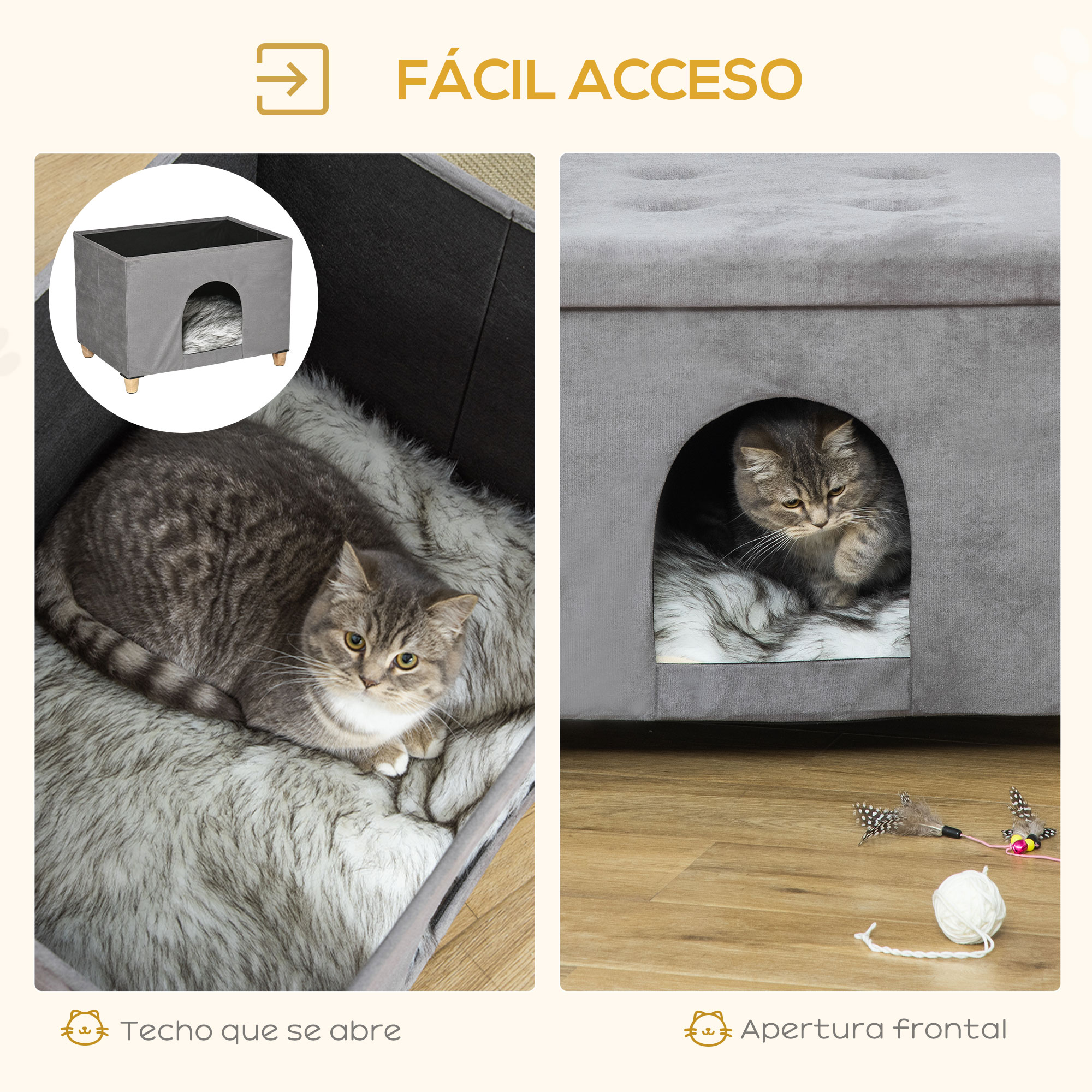 Casa de gato gris con dos gatos y juguetes en suelo de madera.