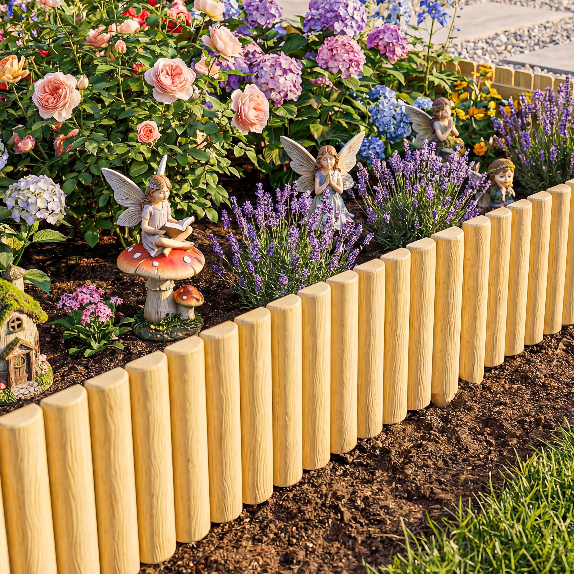 Un jardín con rosas, lavanda y figuritas de hadas, bordeado por una valla de madera.