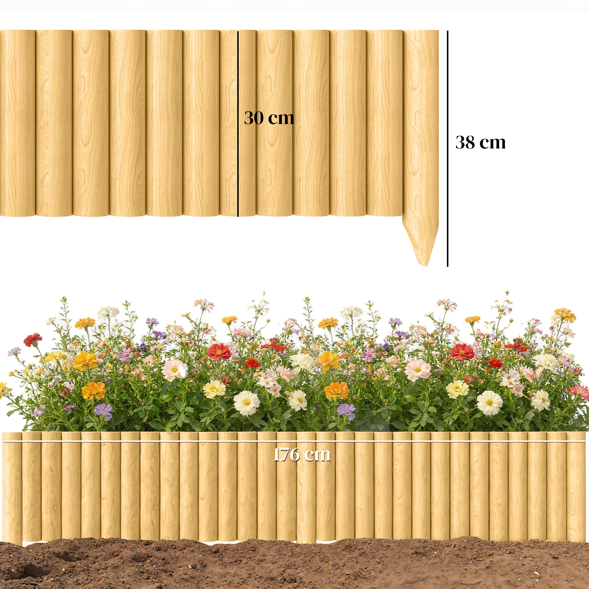 Valla de madera con flores y medidas: 30cm, 38cm, 176cm.