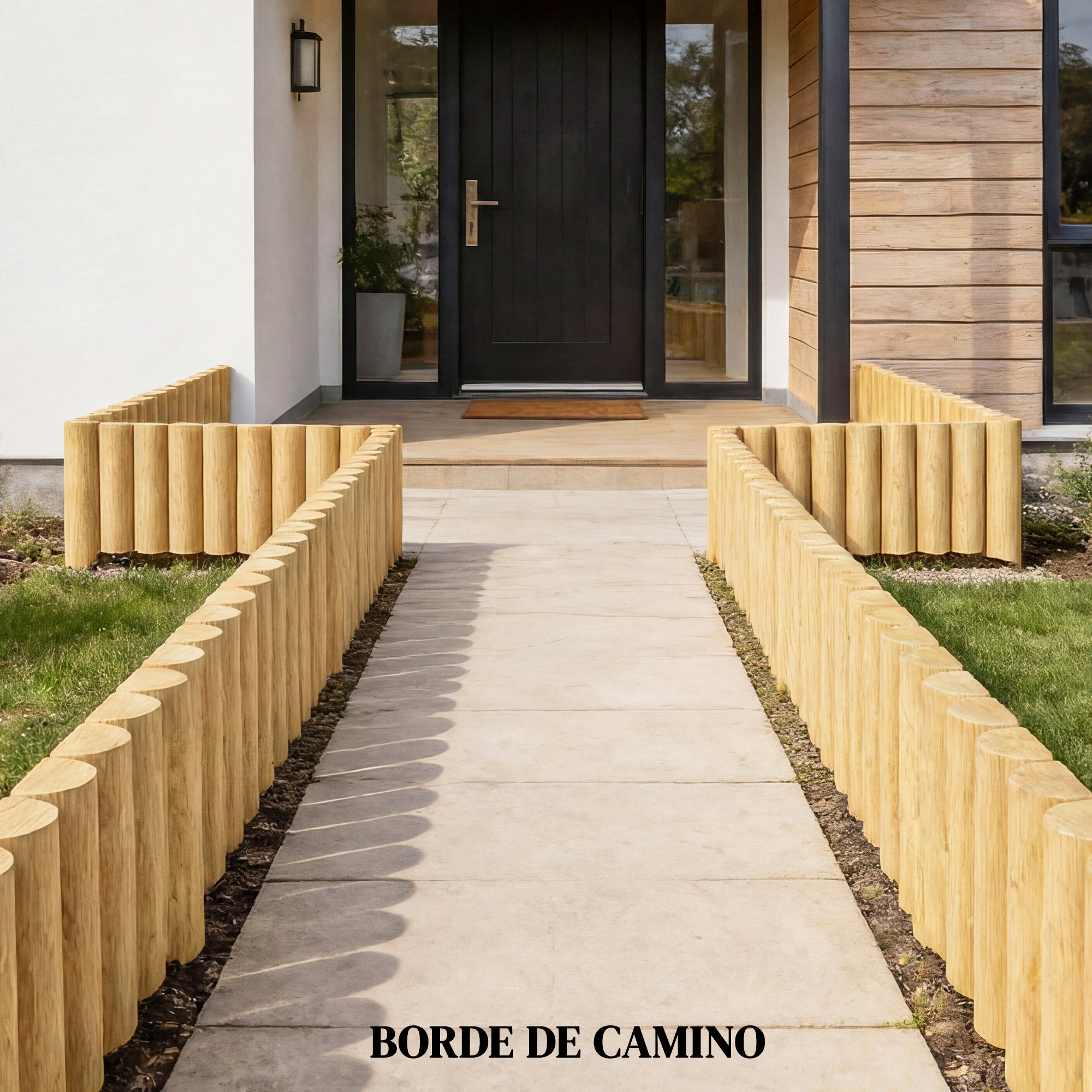 Un camino de losas de hormigón bordeado por postes de madera conduce a una puerta negra.