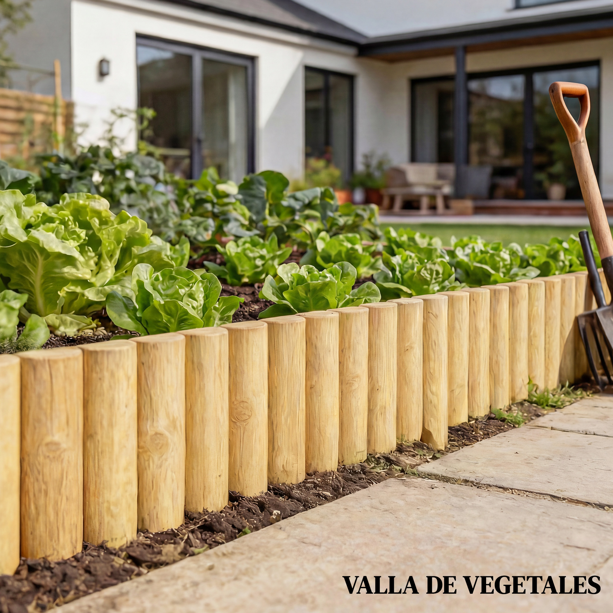 Un bancal elevado con lechugas y postes de madera, junto a una pala y un tenedor.