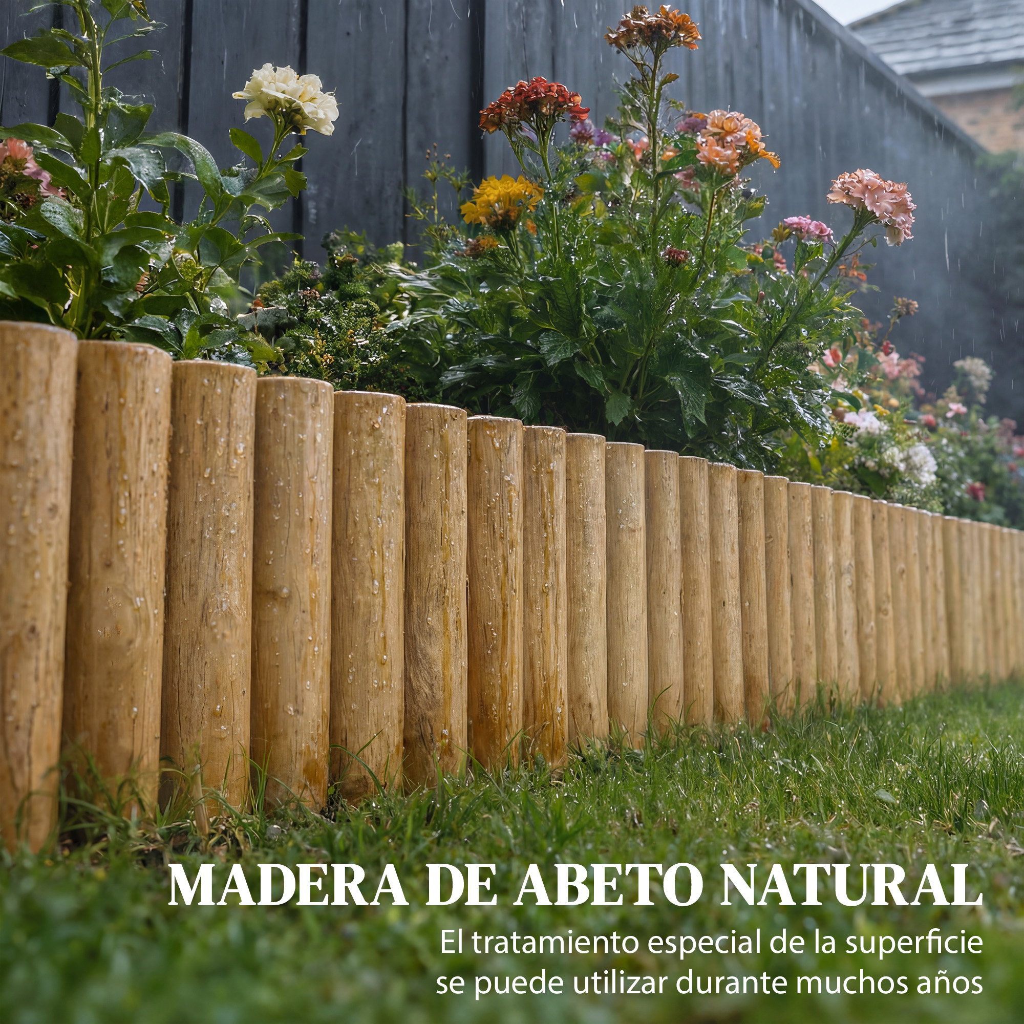 Cerca de madera con flores y lluvia de fondo.