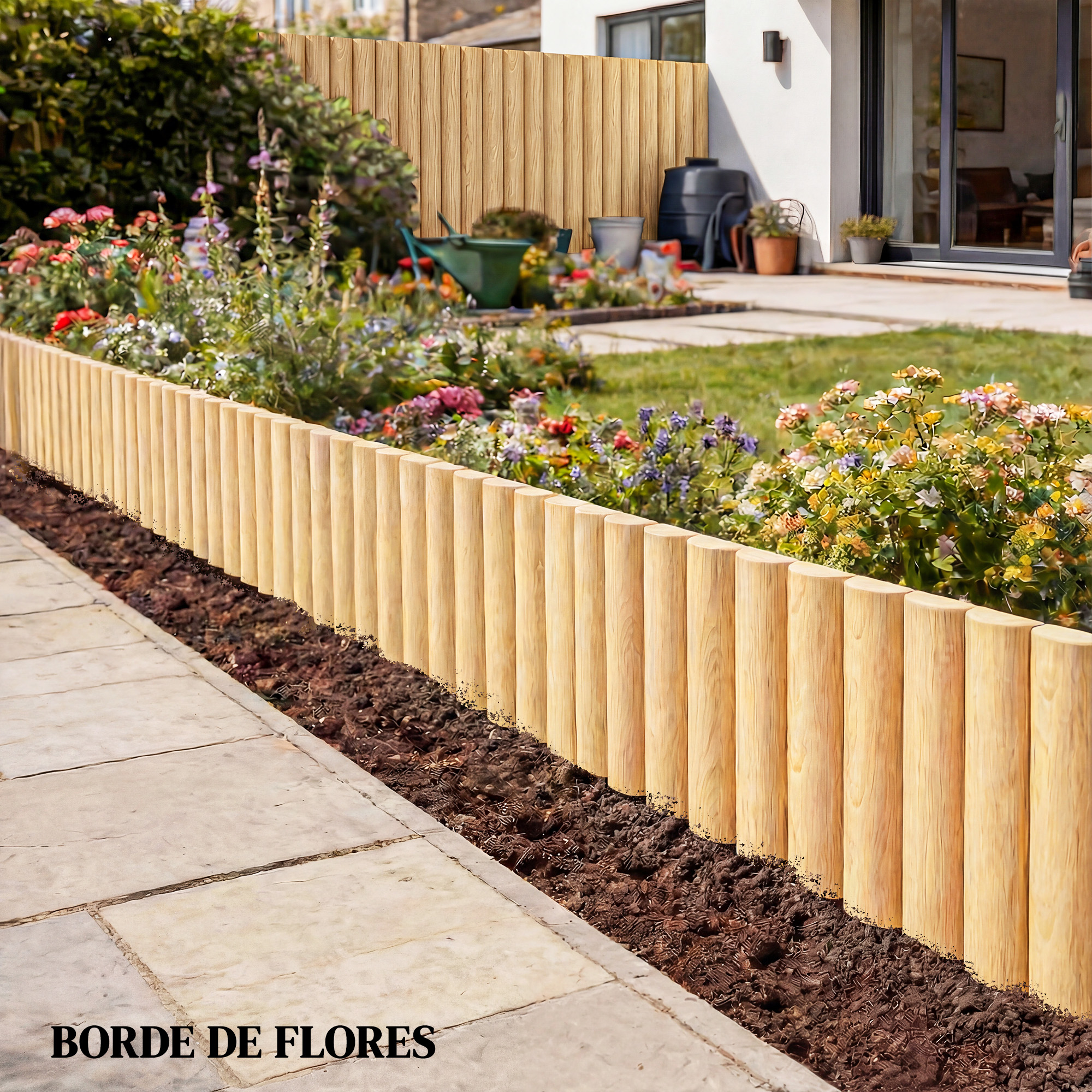 Valla de madera bordeando flores y camino de piedra en jardín.
