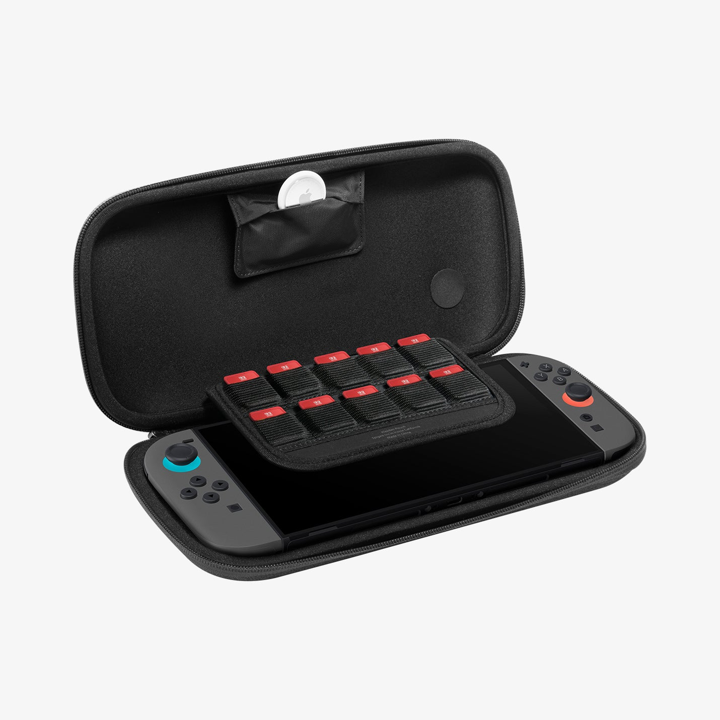 Una custodia nera con una console Nintendo Switch e porta schede di gioco.