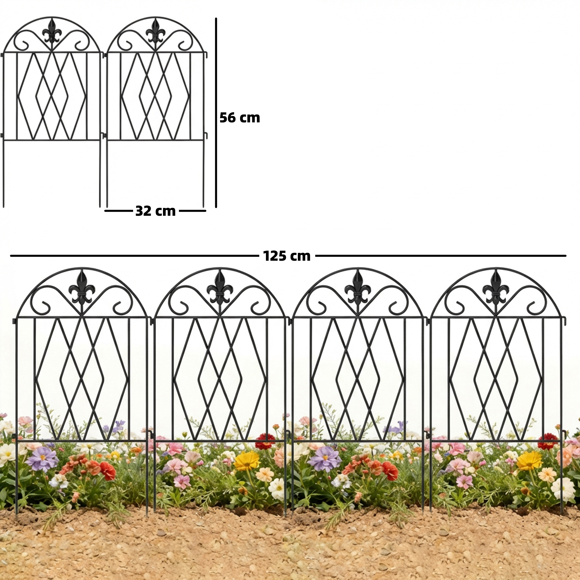 Paneles de valla de jardín de metal negro con flores rosas, amarillas y rojas.