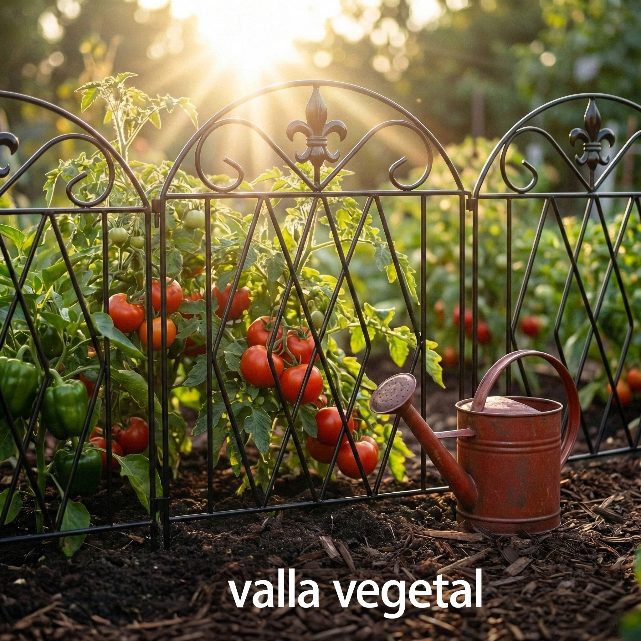 Una regadera roja junto a plantas de tomate y pimiento detrás de una valla de metal ornamentada.