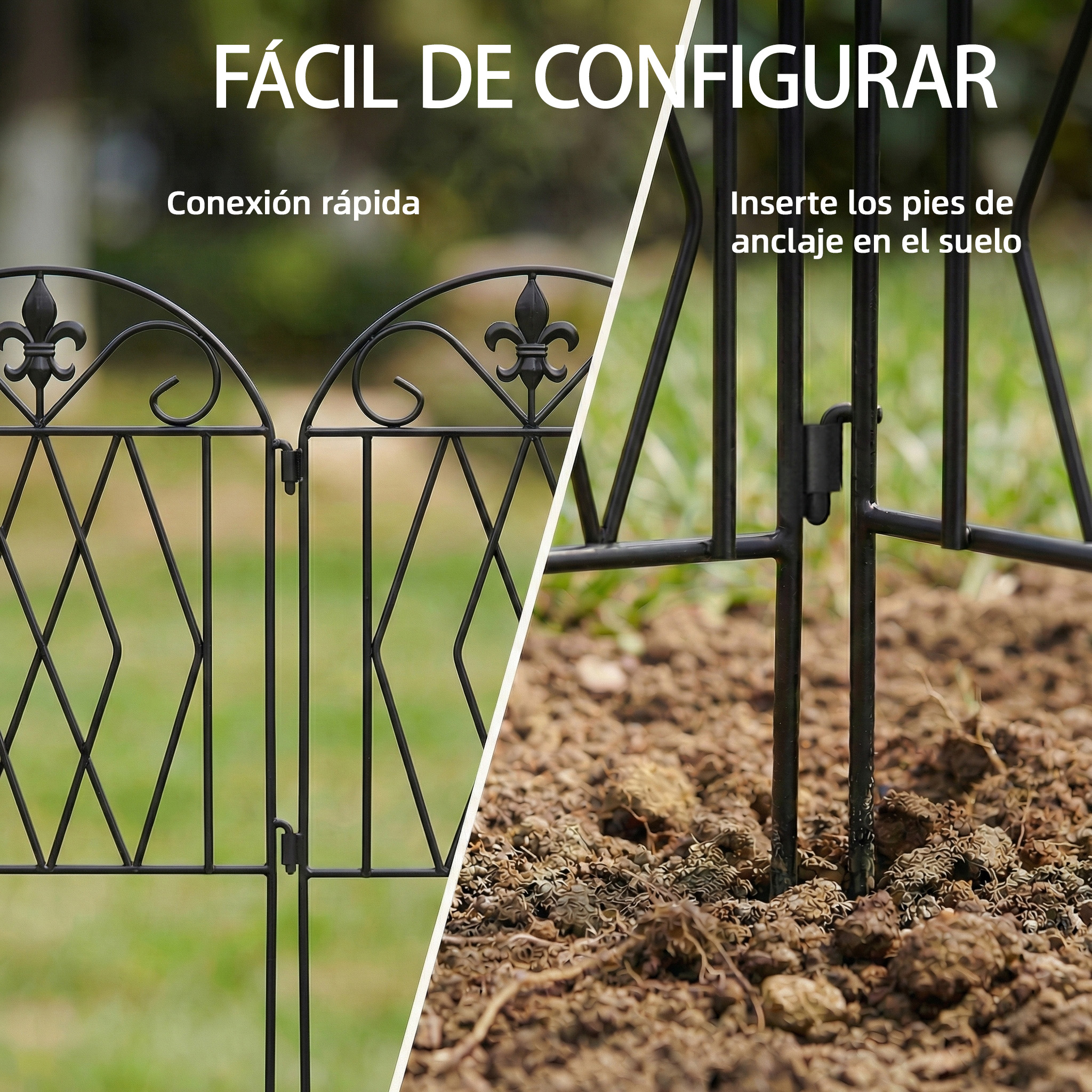 Valla de metal negra con motivo de flor de lis y picas de tierra.