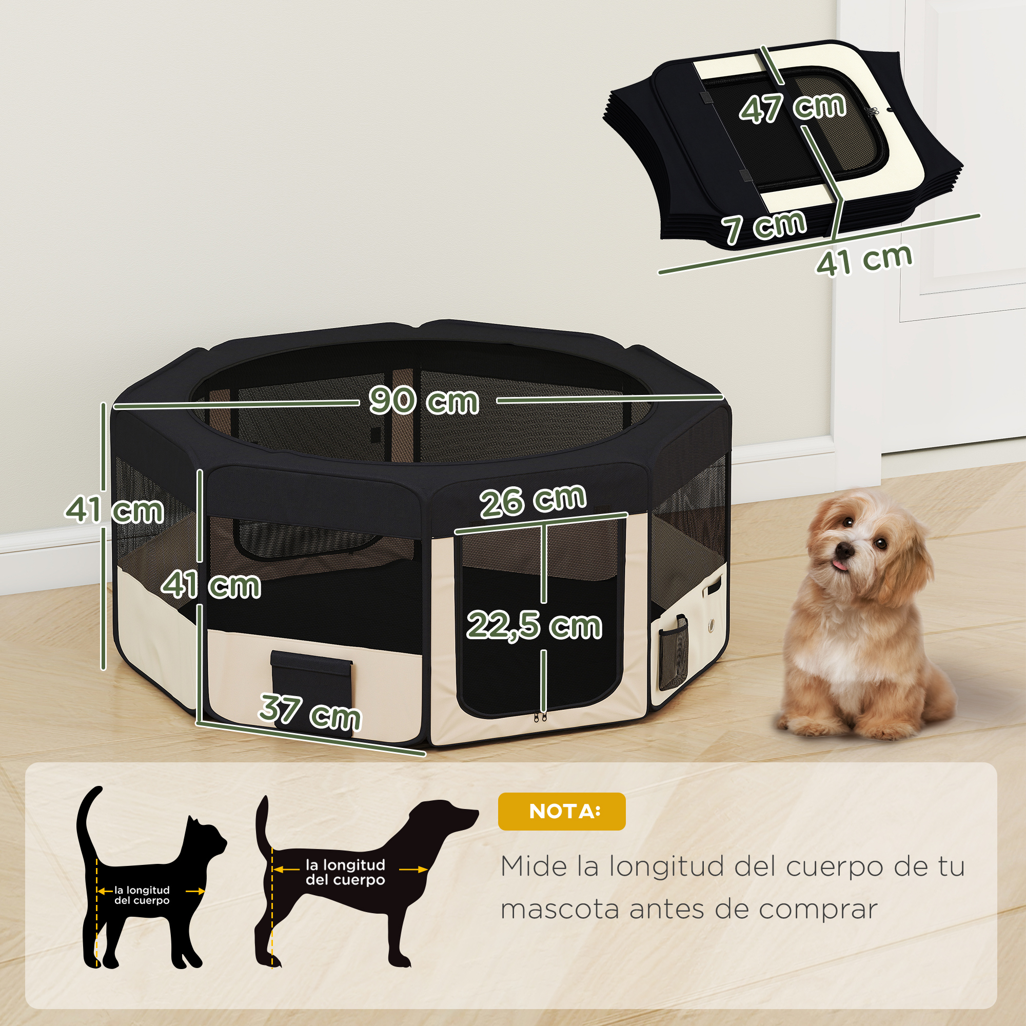 Parque octogonal para mascotas (90x41cm) con un perro al lado. Se muestran las medidas.