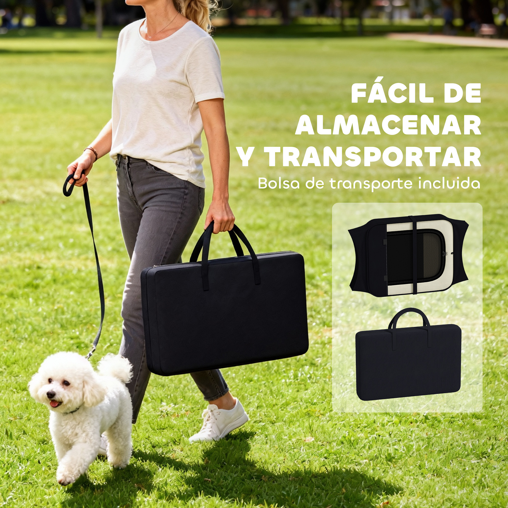 Una mujer pasea un perro blanco en un parque, llevando una bolsa negra.
