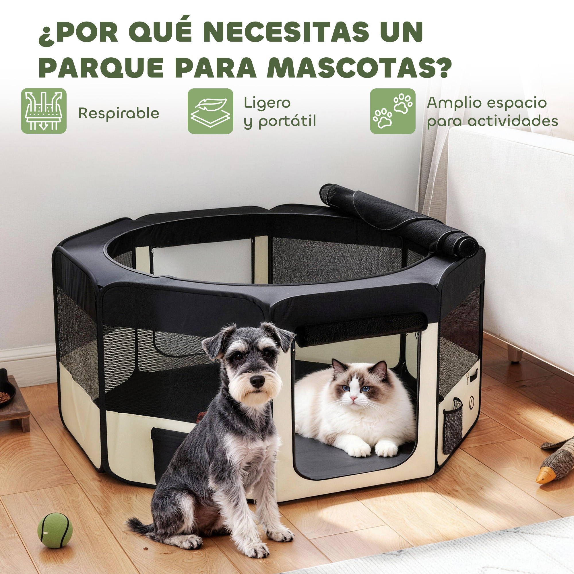 Un perro y un gato dentro de un parque octogonal para mascotas en suelo de madera.