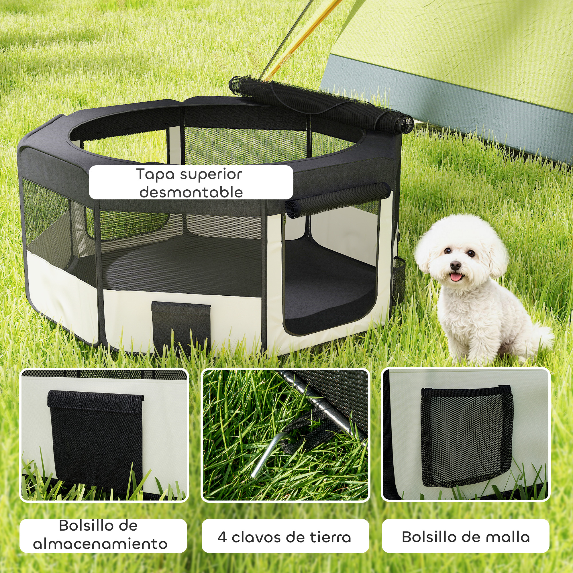 Un caniche blanco se sienta sobre hierba junto a un parque de juegos octogonal negro con cubierta extraíble.