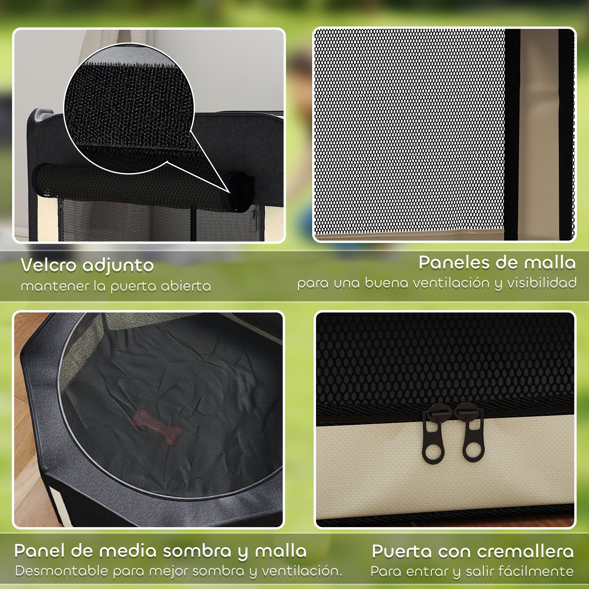 Cuatro imágenes muestran detalles de una valla para mascotas: velcro, paneles de malla, parasol y puerta.
