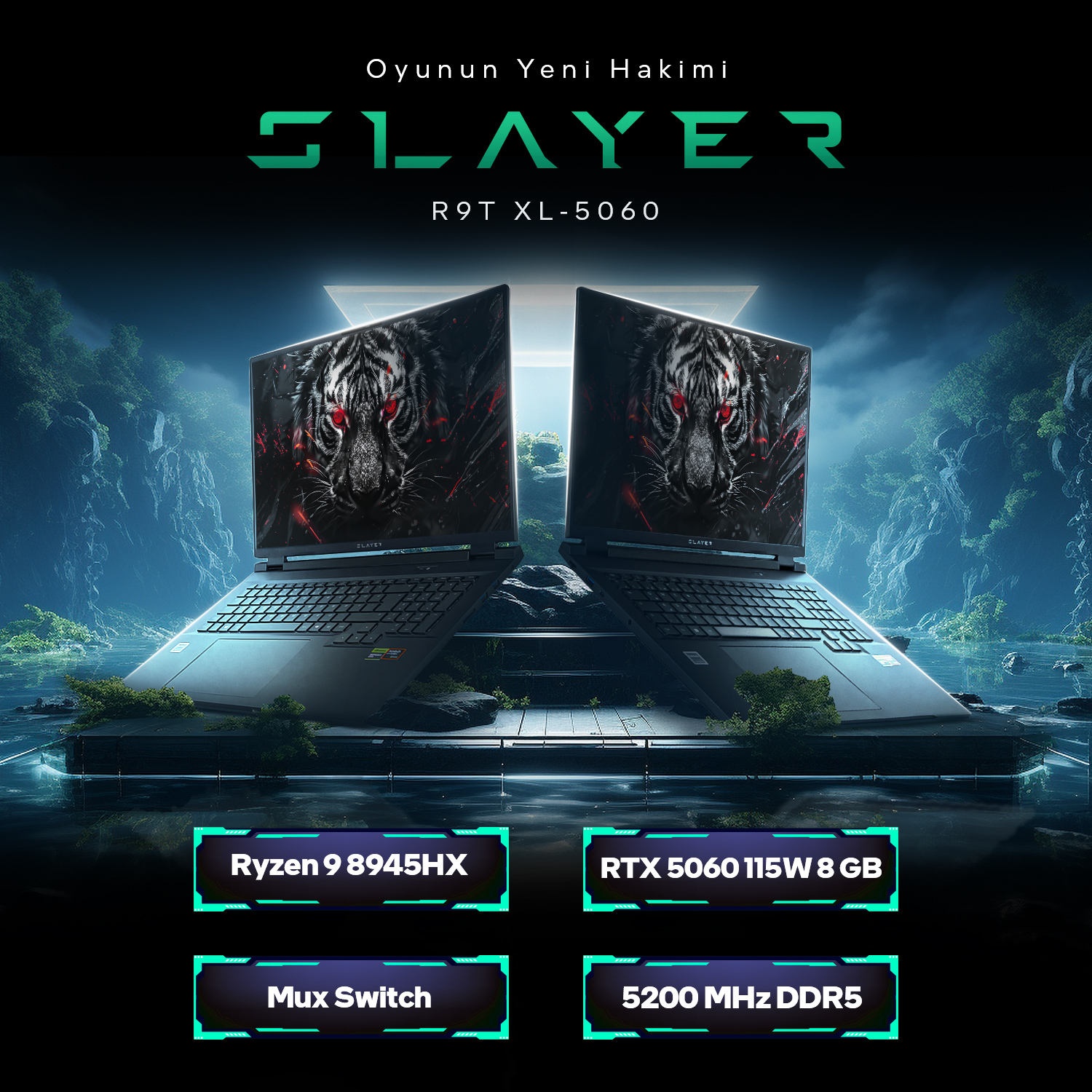 Ekranlarda kaplan resimli iki dizüstü bilgisayar, "Ryzen 9", "RTX 5060", "Mux Switch", "5200 MHz DDR5".