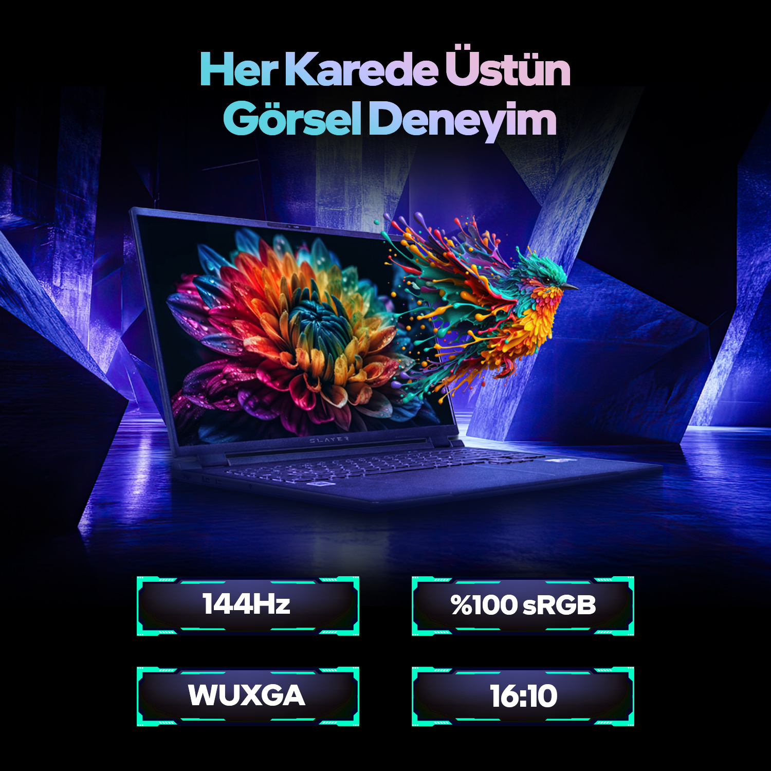 Laptop, mavi fütüristik arka plan üzerinde renkli çiçek ve kuş resmi gösteriyor.