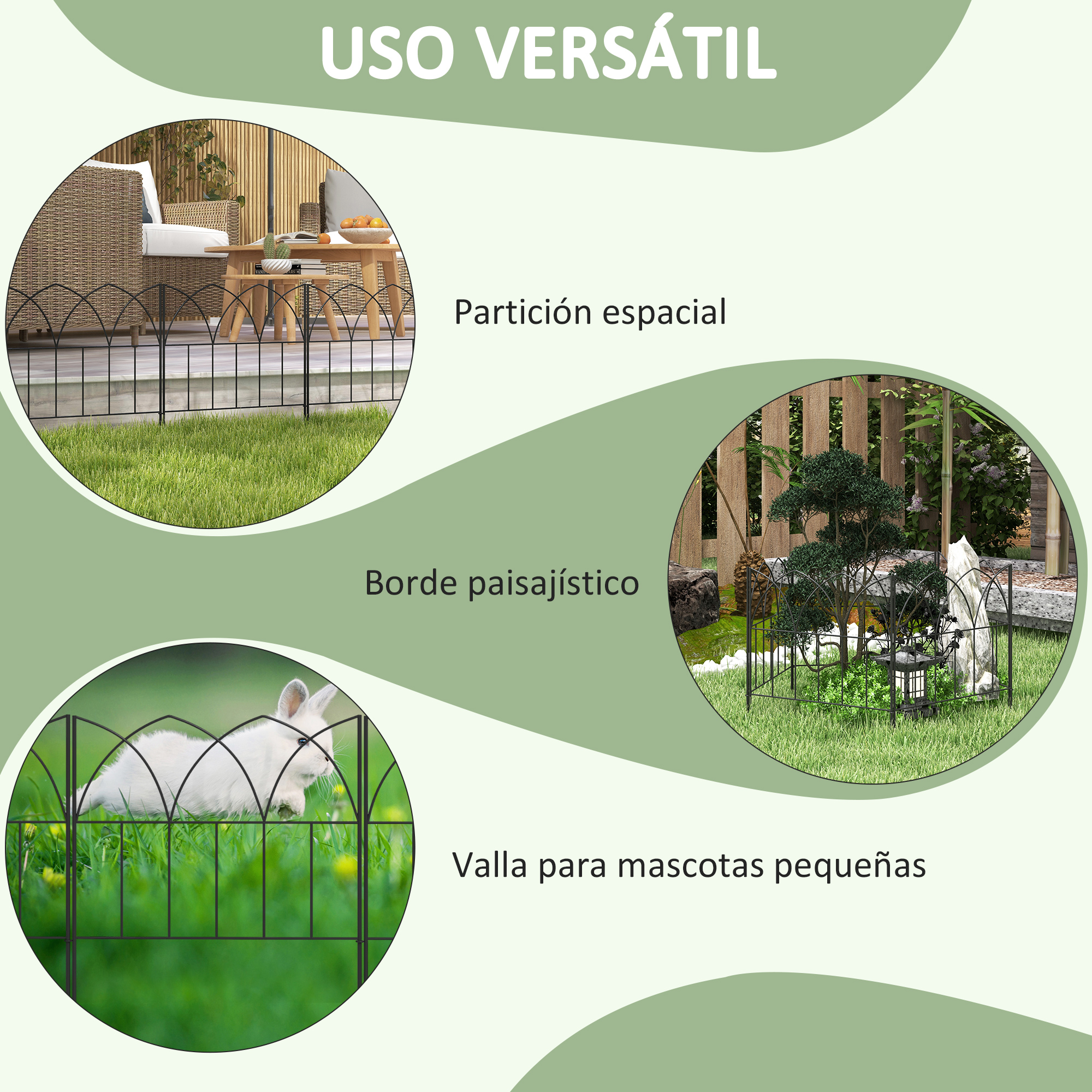 Valla de metal negra delimita un área de asientos al aire libre y un jardín.