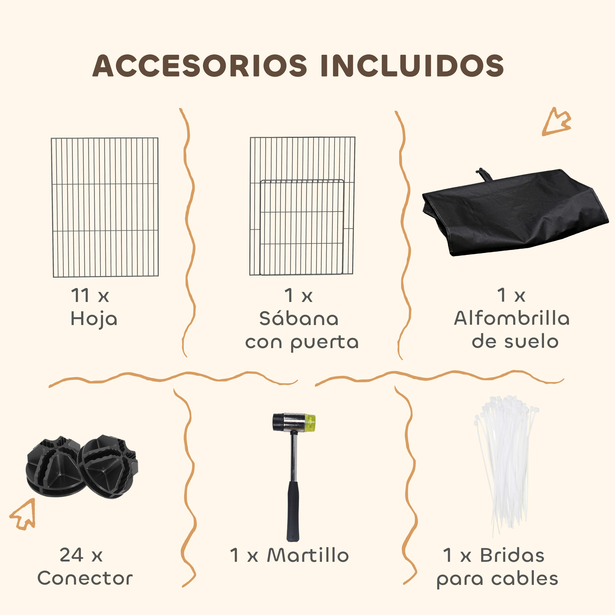 Incluye 11 hojas, 1 sábana con puerta, 1 alfombrilla, 24 conectores, 1 martillo, 1 bridas.